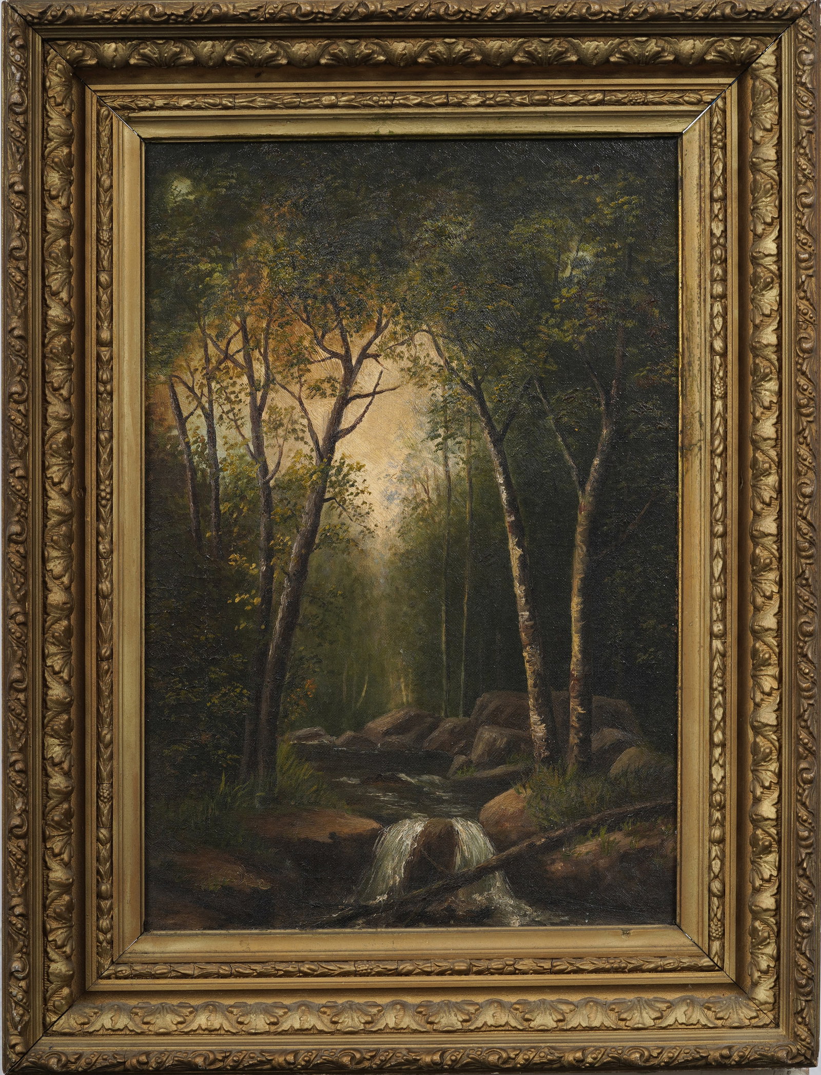 Antique 19th c. American Massachusetts Birch Forest Interior Original Oil Painting: Period framed antique American oil painting on original canvas. Measuring: 24 by 18 inches overall, and 18 by 12 painting alone. Please see all images for condition. Size is measured and written on th