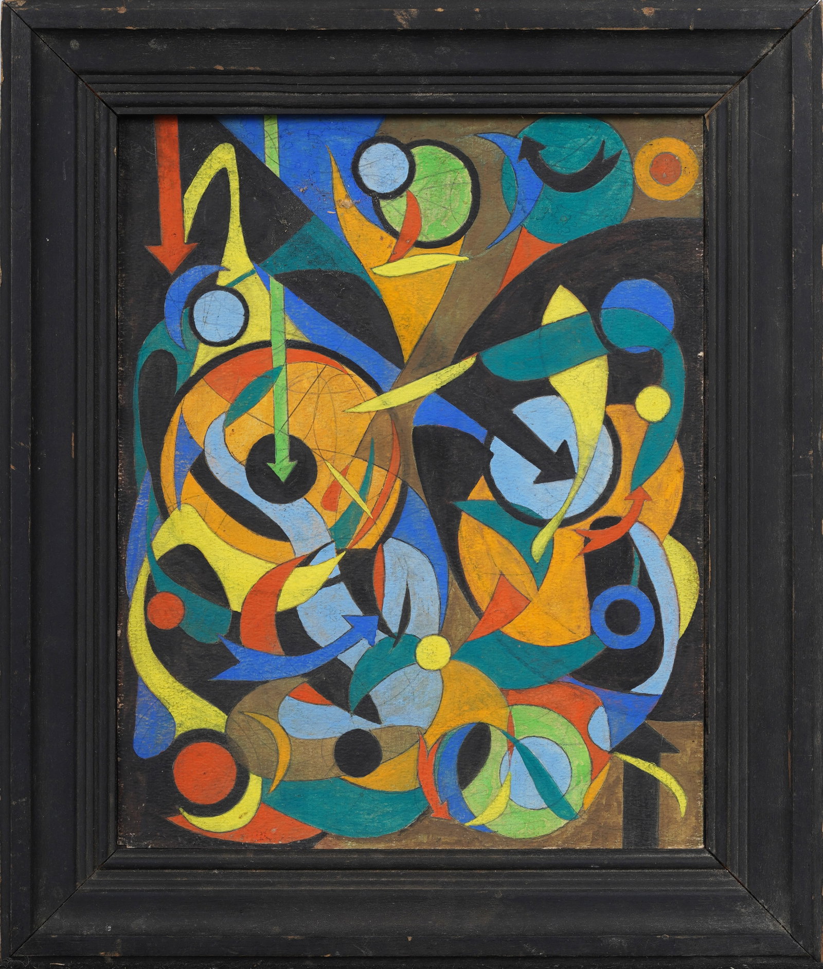Midcentury Geometric Modernist American Original Oil Painting Signed James E. Stretch Jr.: Signed verso, framed midcentury American oil painting on board. Measuring: 13 by 11 inches overall, and 9.75 by 8 painting alone. Please see all images for condition. Size is measured and written on t