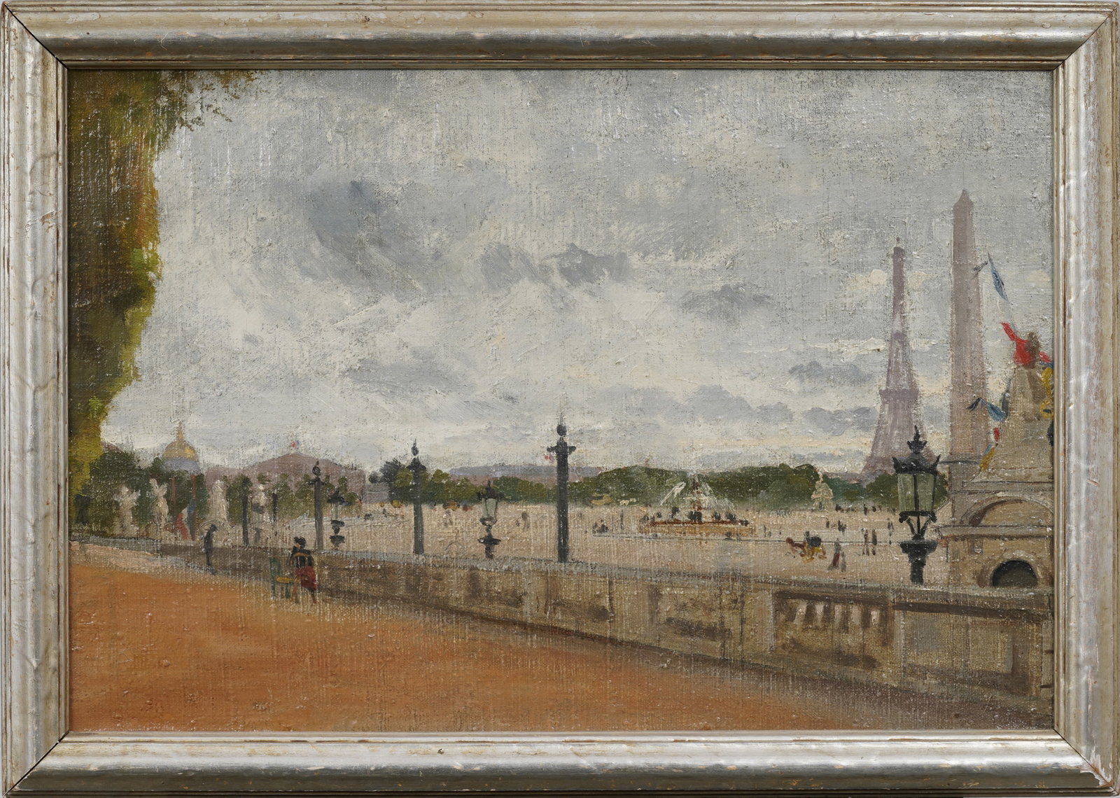 Vintage European Plein Air Place de la Concorde Paris Street Scene Eiffel Tower View Oil Painting: Framed vintage French oil painting on board. Measuring: 18 by 25 inches overall, and 15 by 22 painting alone. Please see all images for condition. Size is measured and written on the back of the paint