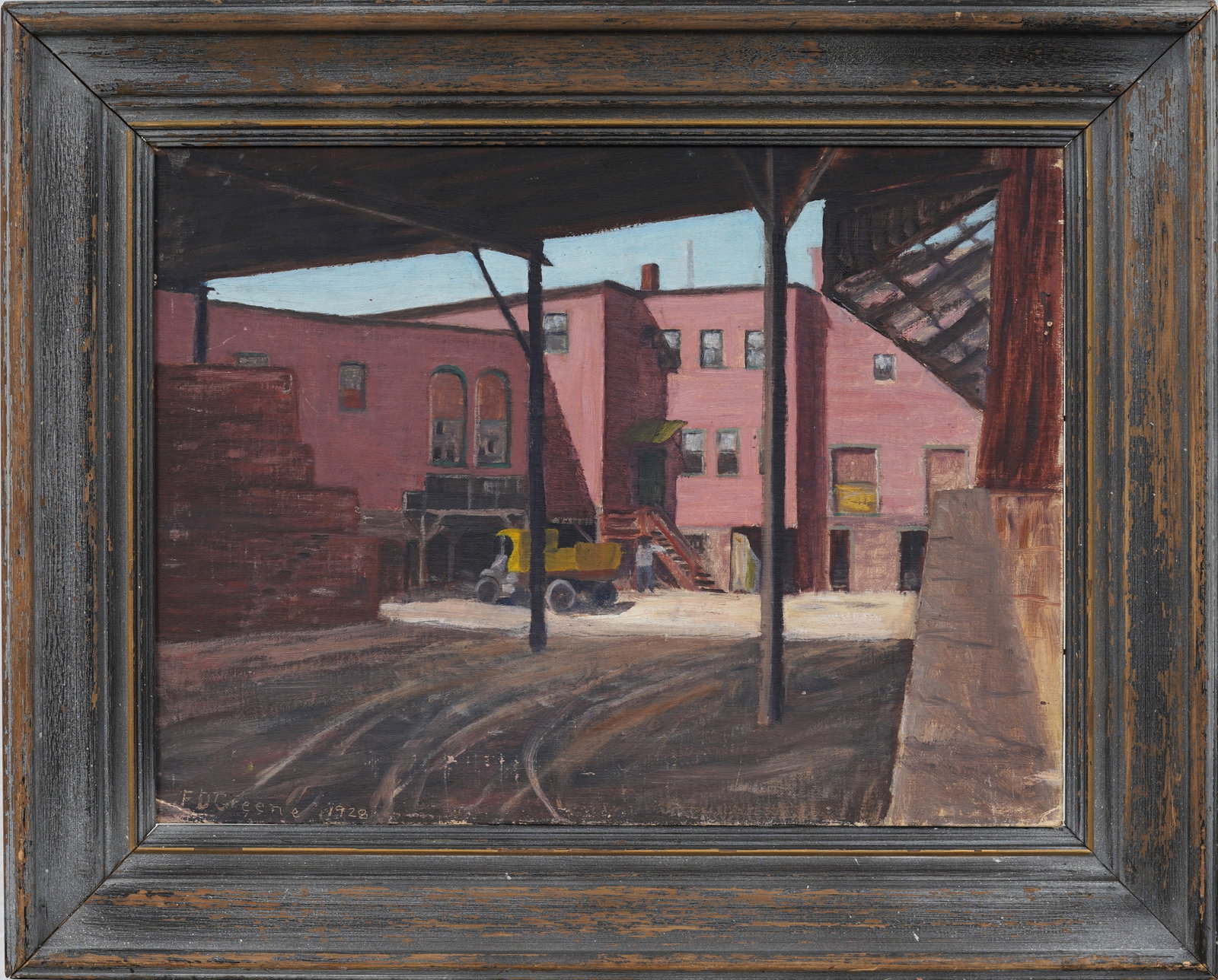 Signed Loading Dock Factory Exterior Industrial Landscape Vintage American Original Oil Painting: Signed, framed vintage American oil painting on board. Measuring: 17 by 21 inches overall, and 12 by 16 painting alone. Please see all images for condition. Size is measured and written on the back of