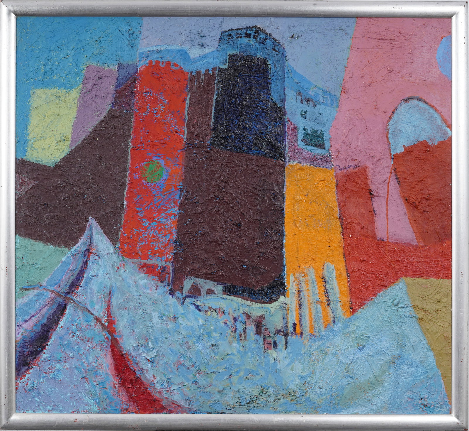Samuel Ow (1929-2008) Monumental Midcentury California Abstract Cityscape Original Oil Painting: Signed, framed vintage American oil painting on canvas. Measuring: 45 by 49 inches overall, and 41.5 by 45.5 painting alone. Please see all images for condition. Size is measured and written on the ba