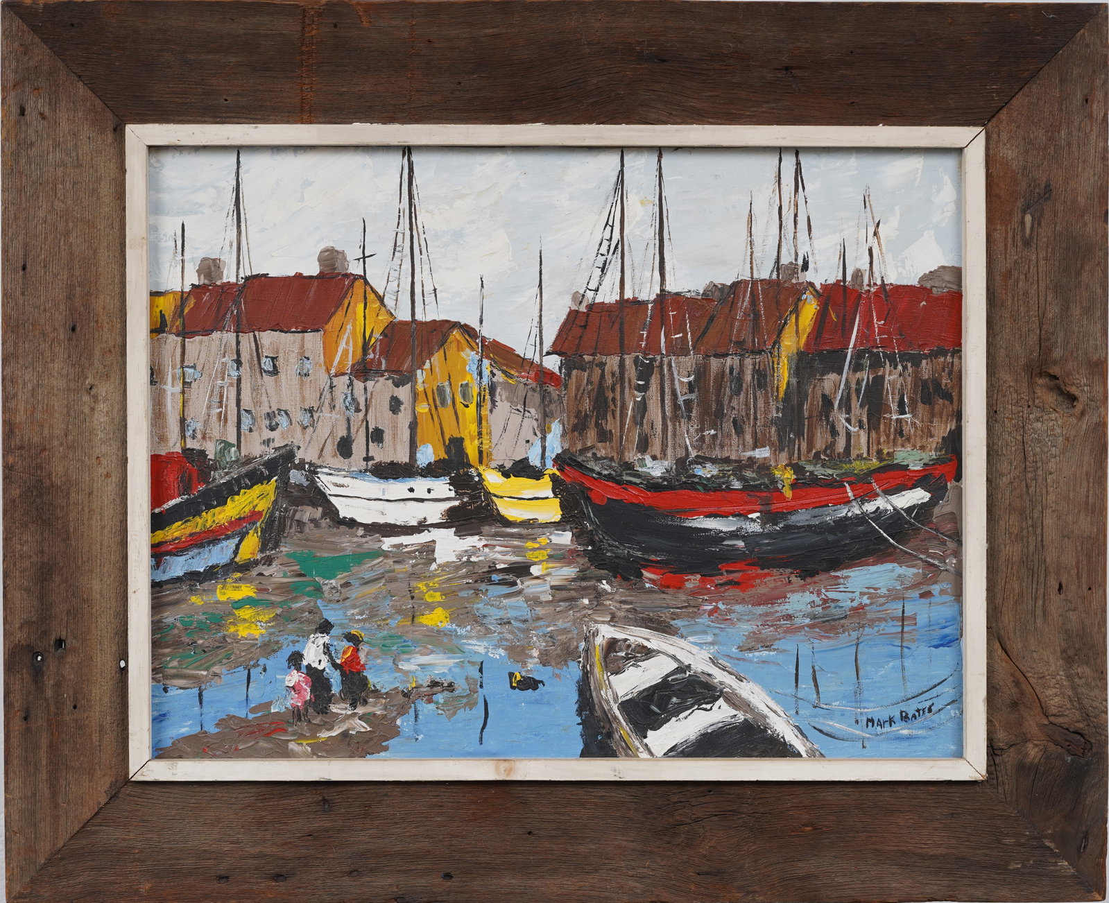Vintage American Harbor Scene Original Oil Painting Signed "Mark Bates": Signed, framed vintage American oil painting on canvas. Measuring: 27 by 33 inches overall, and 18.25 by 24.25 painting alone. Please see all images for condition. Size is measured and written on the 