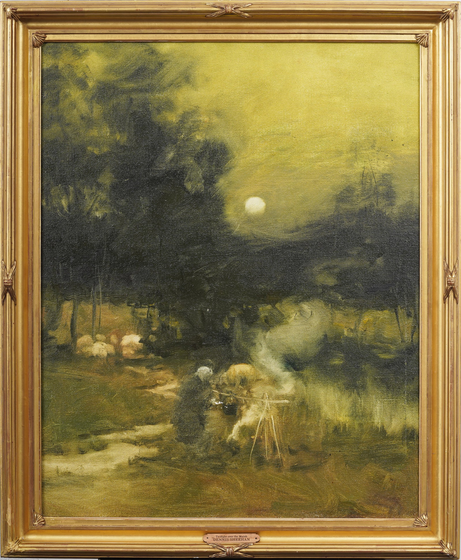 Dennis Sheehan (b. 1950) Contemporary American Tonalist Moon Landscape Original Oil Painting: Framed with artist plaque contemporary American oil painting on canvas. Measuring: 34 by 28 inches overall, and 30 by 24 painting alone. Please see all images for condition. Size is measured and writt