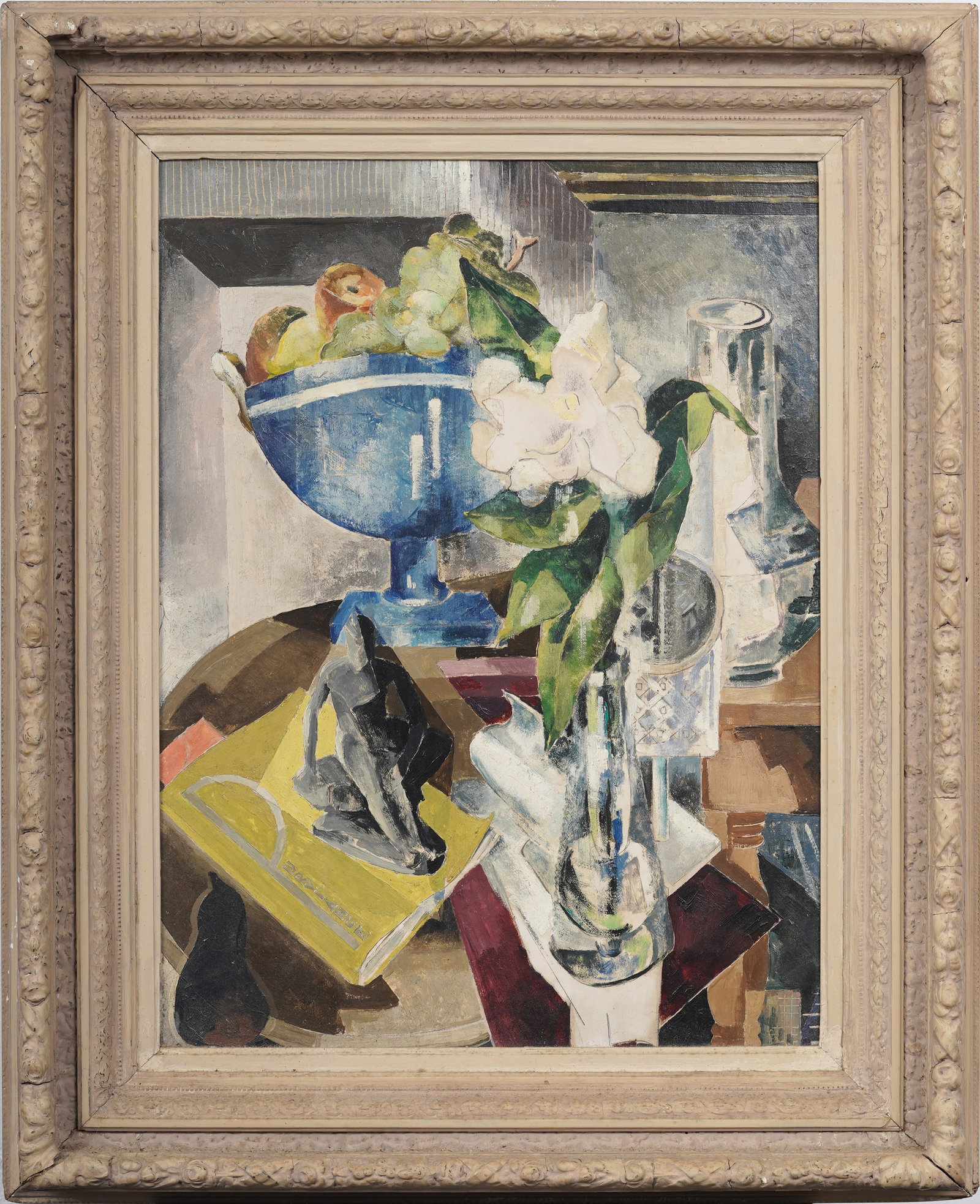 Cora Louise Purviance (1904-1967) Philadelphia Cubist Still Life "Gardenia" Original Oil Painting: Signed, beautifully framed vintage American oil painting on board. Measuring: 32 by 26 inches overall, and 24.25 by 18 painting alone. Please see all images for condition. Size is measured and written
