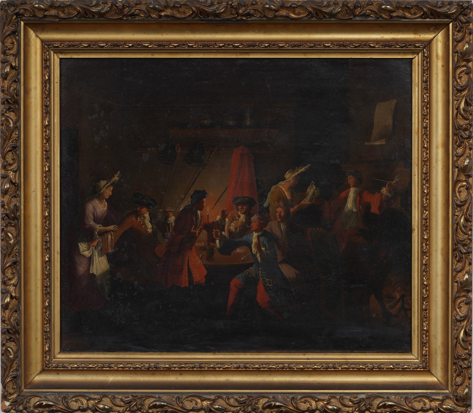 Antique American Revolutionary Era Tavern Scene Large Framed Historic Original Oil Painting: Framed antique American oil painting on canvas. Measuring: 25 by 29 inches overall, and 18.5 by 22 painting alone. Please see all images for condition. Size is measured and written on the back of the 