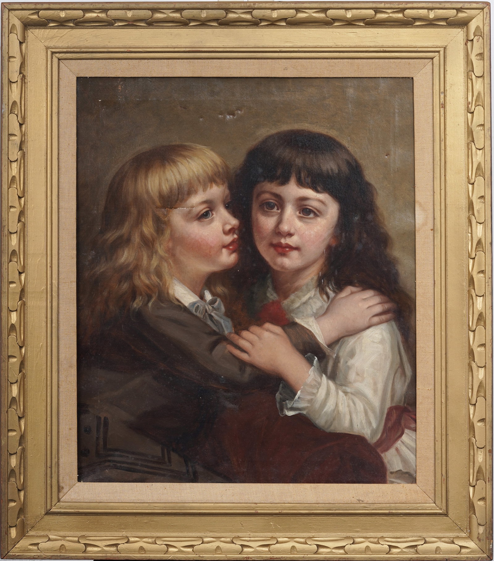 Antique Victorian American School Portrait of Two Angelic Children Portrait Original Oil Painting: Framed antique American oil painting on canvas. Measuring: 33 by 29 inches overall, and 24.25 by 20.25 painting alone. Please see all images for condition. Size is measured and written on the back of 
