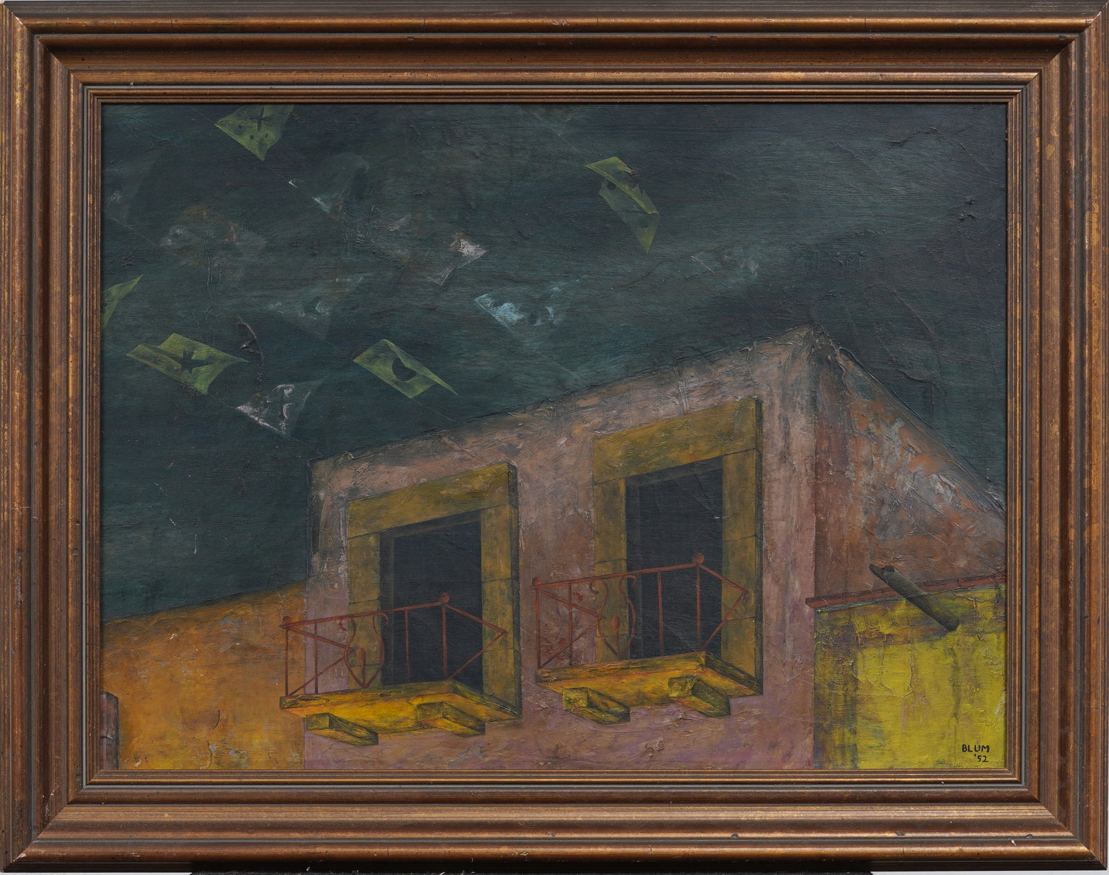 Midcentury American Modernist Balcony Landscape Flying Kites Original Oil Painting Signed "Blum '52" (1 of 6)