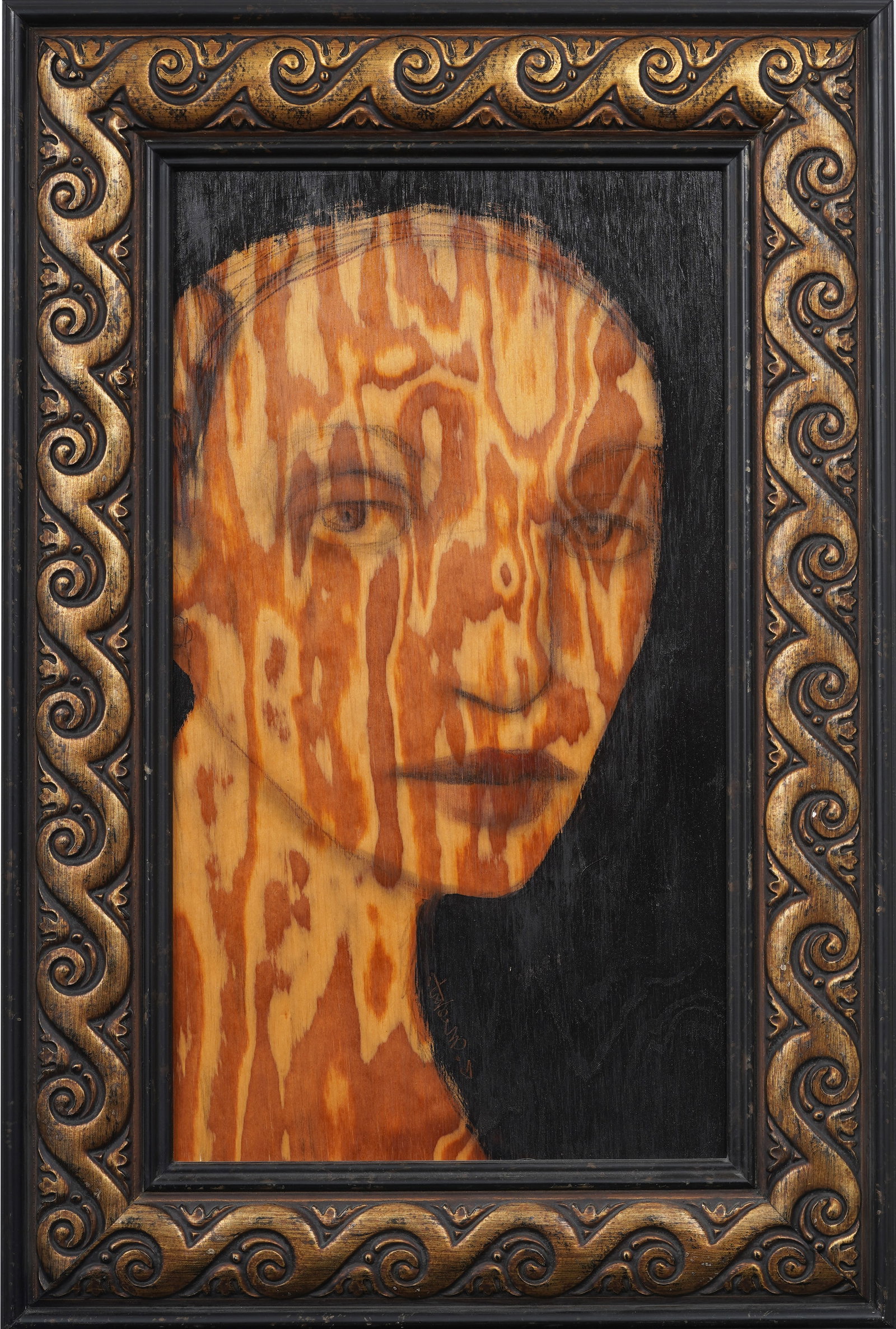 Signed Contemporary Penetrating Gaze Portrait Stain and Ink Portrait on Wood: Signed, framed contemporary wood stain painting. Measuring: 33 by 22 inches overall, and 24.5 by 13.5 painting alone. Please see all images for condition. Size is measured and written on the back of t