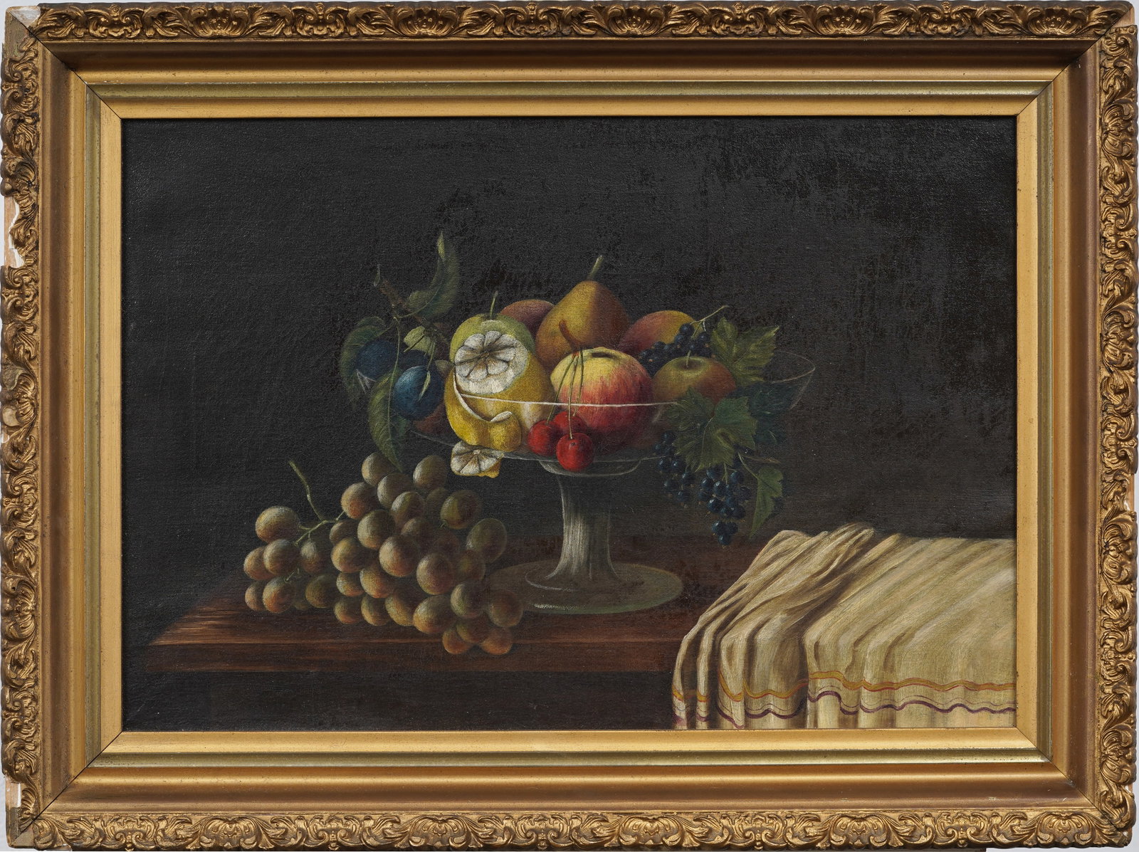 Antique Continental School Framed Fruit Bowl Still Life Original Oil Painting: Framed antique oil painting on canvas. Measuring: 18 by 25 inches overall, and 13.5 by 19.25 painting alone. Please see all images for condition. Size is measured and written on the back of the painti