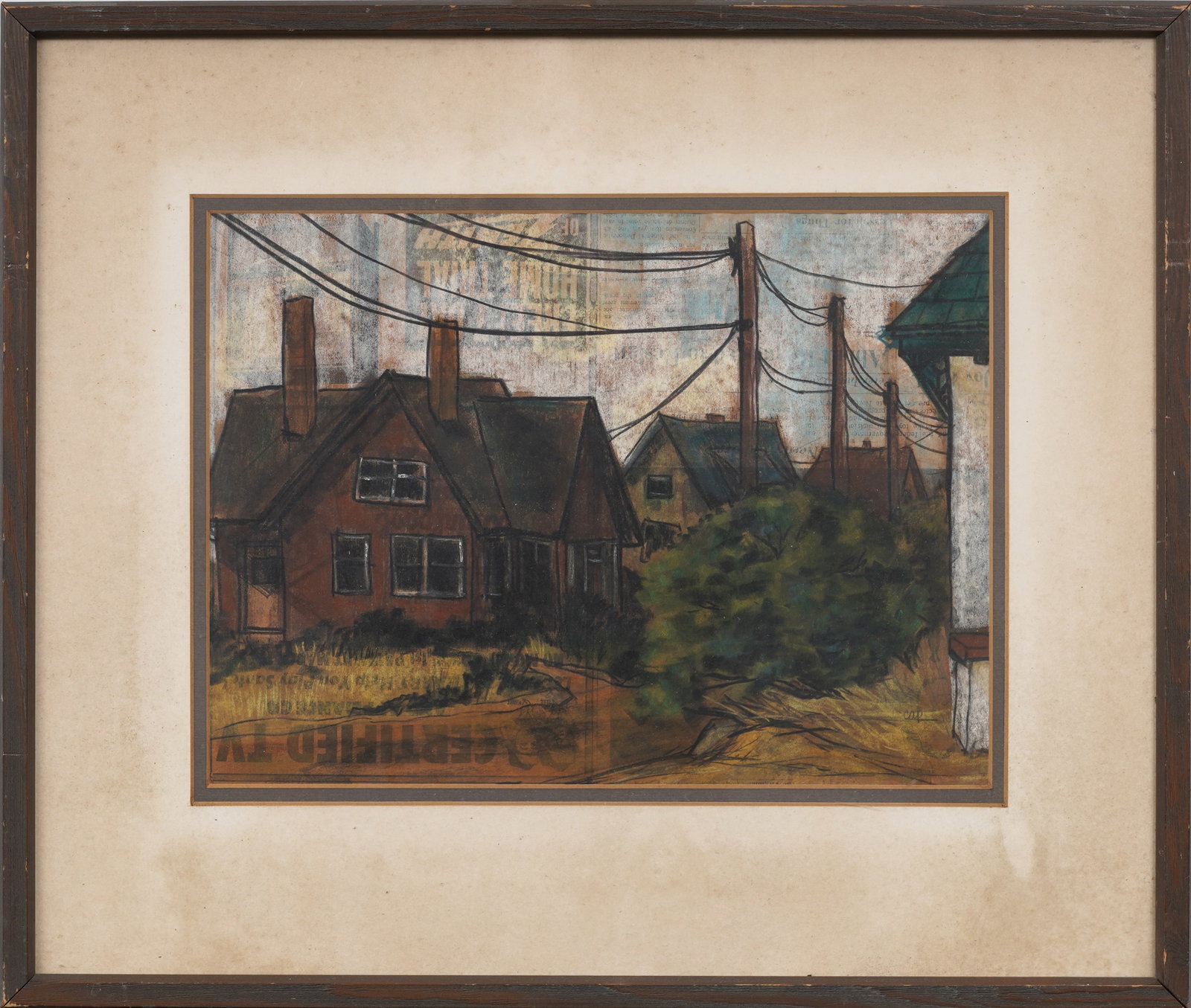 Vintage American Rural Town Landscape Original Oil Painting over Newsprint Signed "Cap": Signed, framed vintage American oil painting on newsprint and board. Measuring: 18 by 22 inches overall, and 11 by 14.75 painting alone. Please see all images for condition. Size is measured and writt
