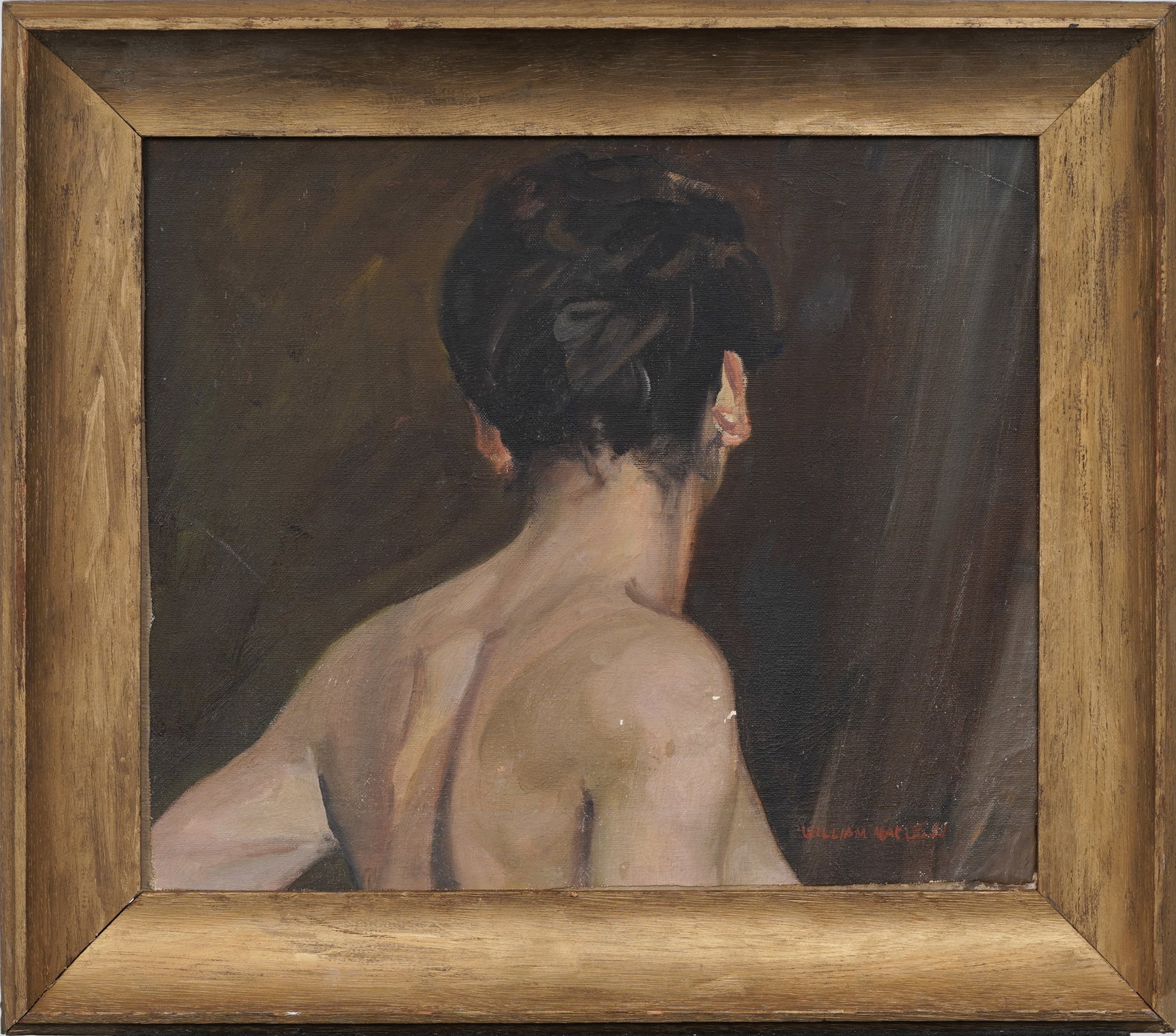 William Maclean (1897-1977) Midcentury American Captivating Nude Shoulders Portrait Oil Painting: Signed, framed midcentury American oil painting on board. Measuring: 18 by 20 inches overall, and 13.75 by 16 painting alone. Please see all images for condition. Size is measured and written on the b