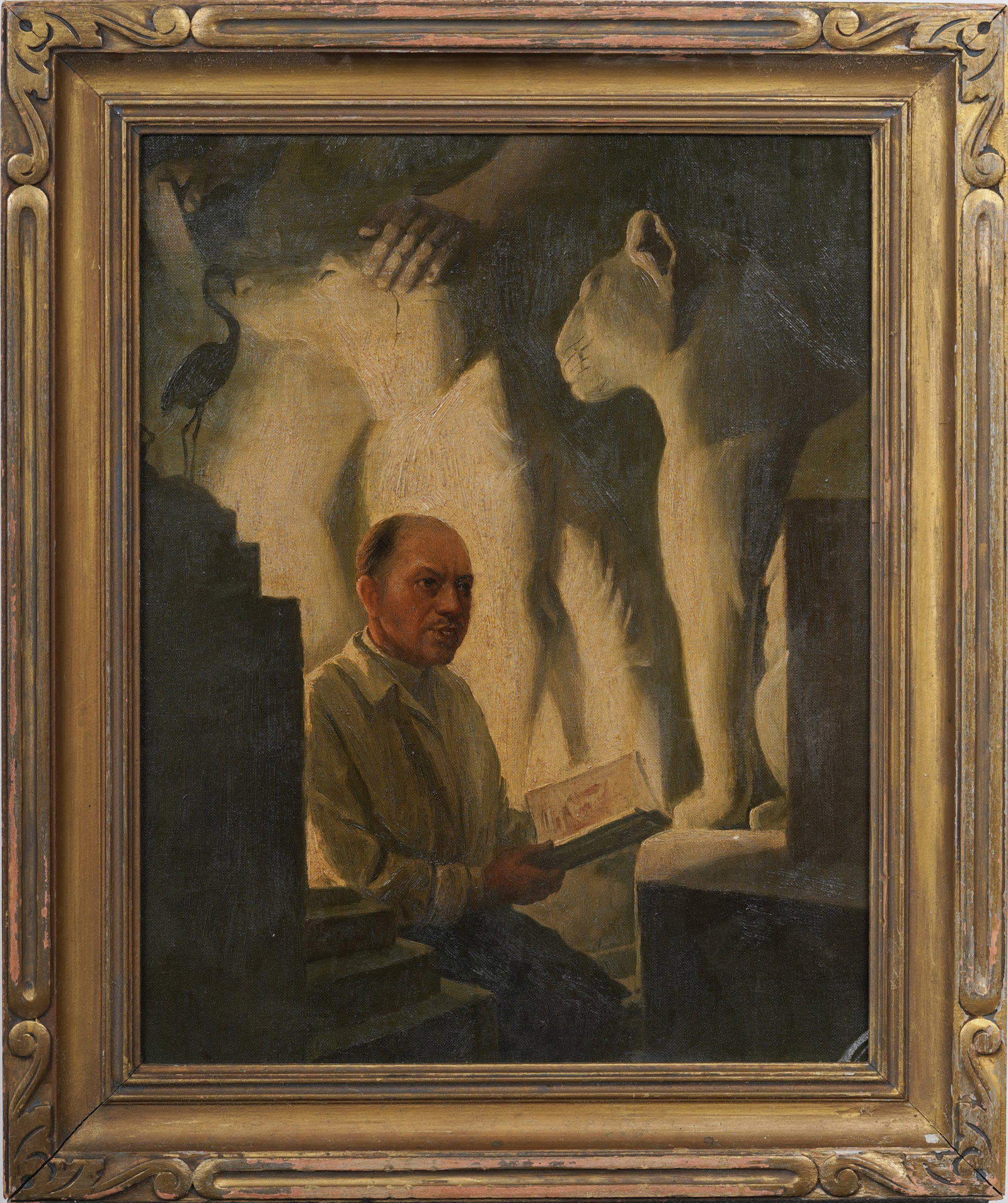 Portrait of 20th c. Renaissance Man Rockwell Kent in his Studio American Original Oil Painting: Framed vintage American oil painting on board. Measuring: 23 by 19 inches overall, and 18 by 14 painting alone. Please see all images for condition. Size is measured and written on the back of the pai
