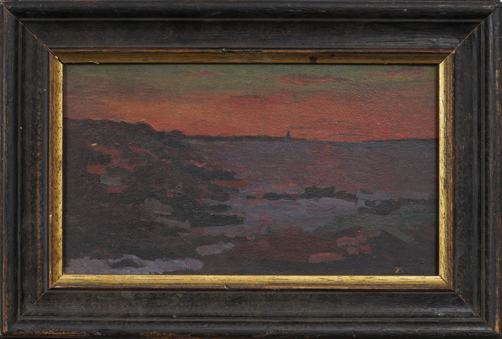 Antique American Impressionist Glowing Sunset Coastal Landscape Framed Original Oil Painting: Framed antique American oil painting on board. Measuring: 9 by 14 inches overall, and 6 by 10.75 painting alone. Please see all images for condition. Size is measured and written on the back of the pa