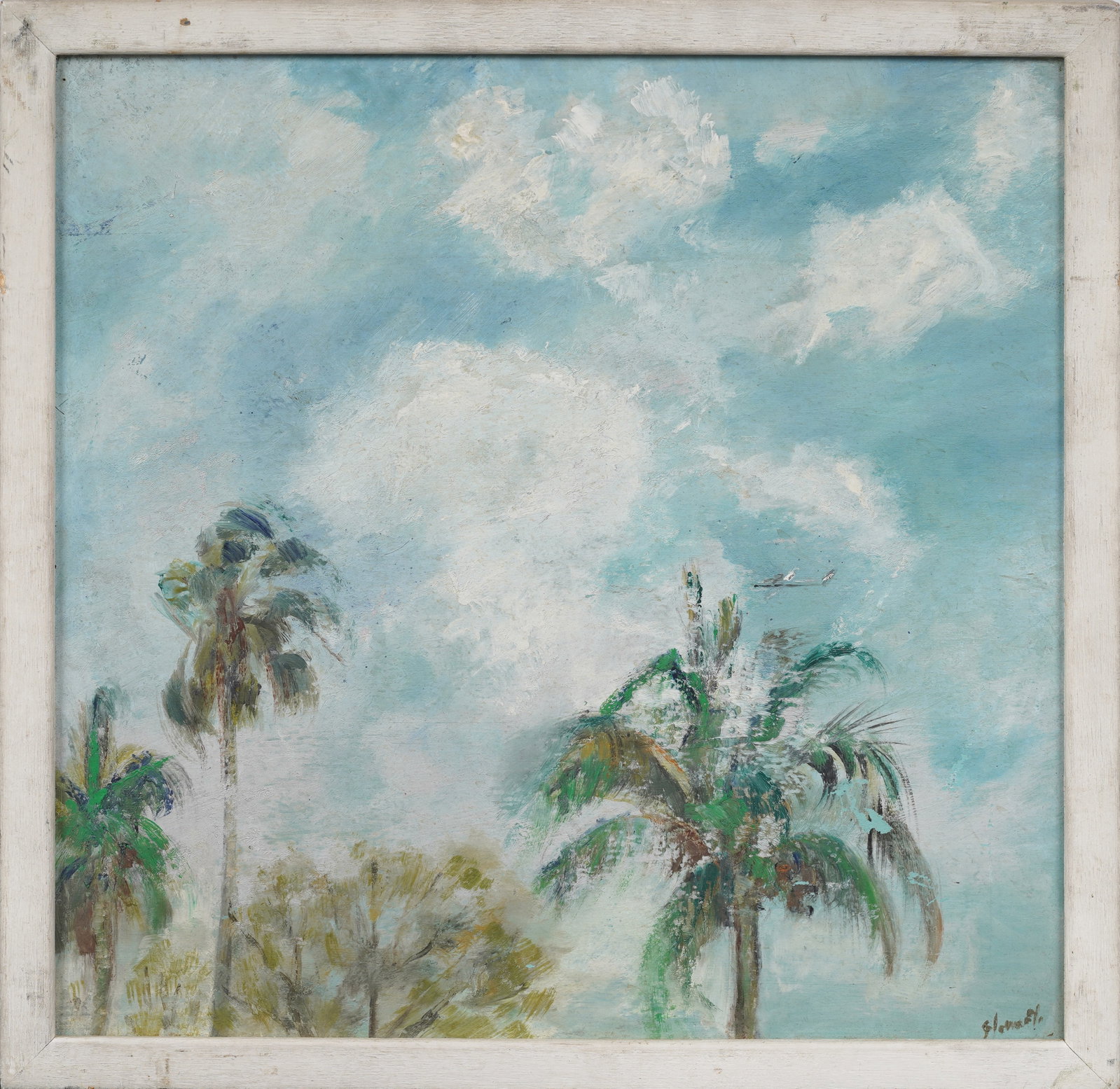 Vintage Florida Palm Tree Sky View With Airplane Original Signed Oil Painting (1 of 8)
