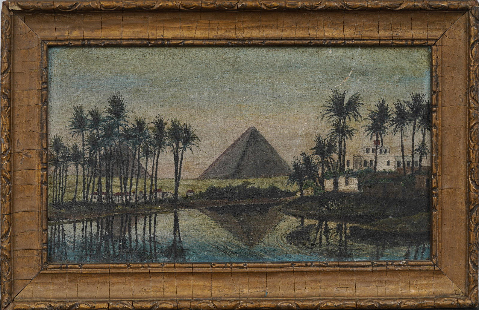 Antique Naive Egyptian Pyramid Landscape Signed "H. A. Koehler" Original Oil Painting: Signed verso, framed oil painting on canvas. Measuring: 10 by 15 inches overall, and 7.25 by 12.75 painting alone. Please see all images for condition. Size is measured and written on the back of the 