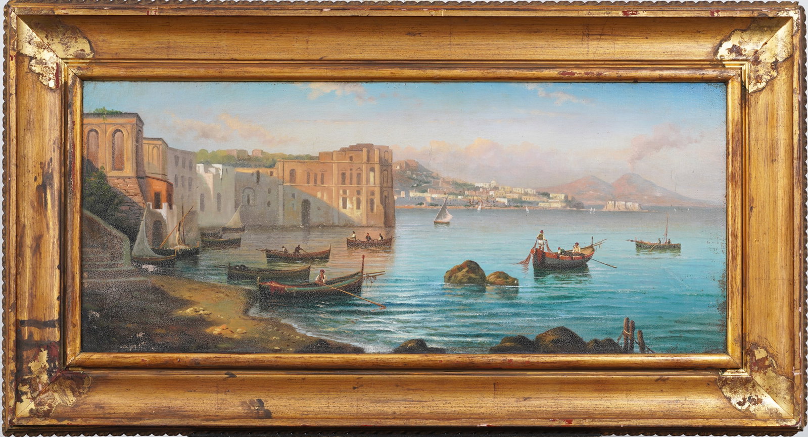 Antique Italian Catania Mt. Etna Coastal Neapolitan Landscape Framed Original Oil Painting: Framed antique Italian oil painting on canvas. Measuring: 18 by 34 inches overall, and 11.75 by 27.5 painting alone. Please see all images for condition. Size is measured and written on the back of th