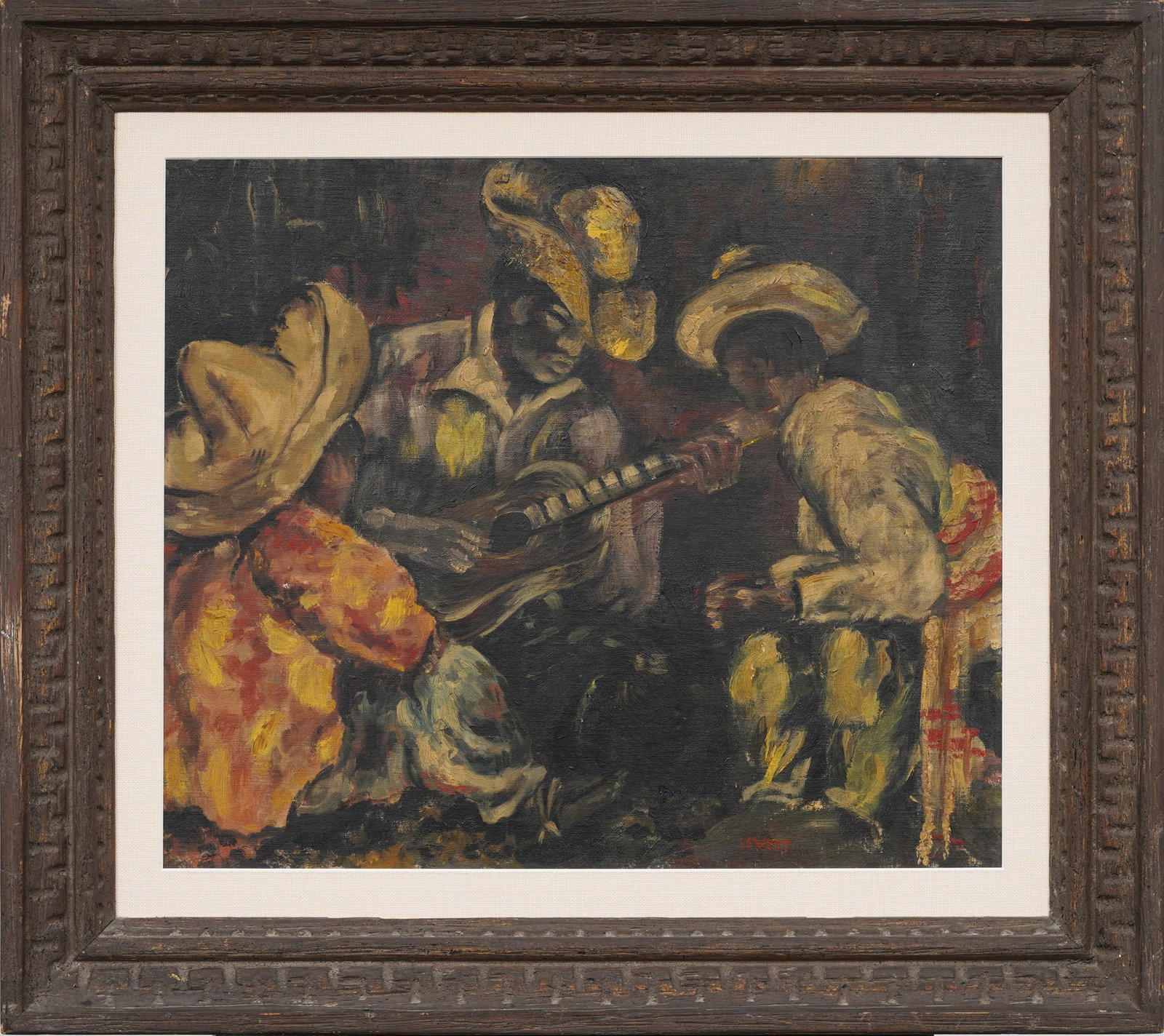 Midcentury American Mexican Musicians Original Oil Painting Signed "Levett": Midcentury American oil painting on board. Measuring: 26 by 28 inches overall, and 17.5 by 20.5 painting alone. Please see all images for condition. Size is measured and written on the back of the pai