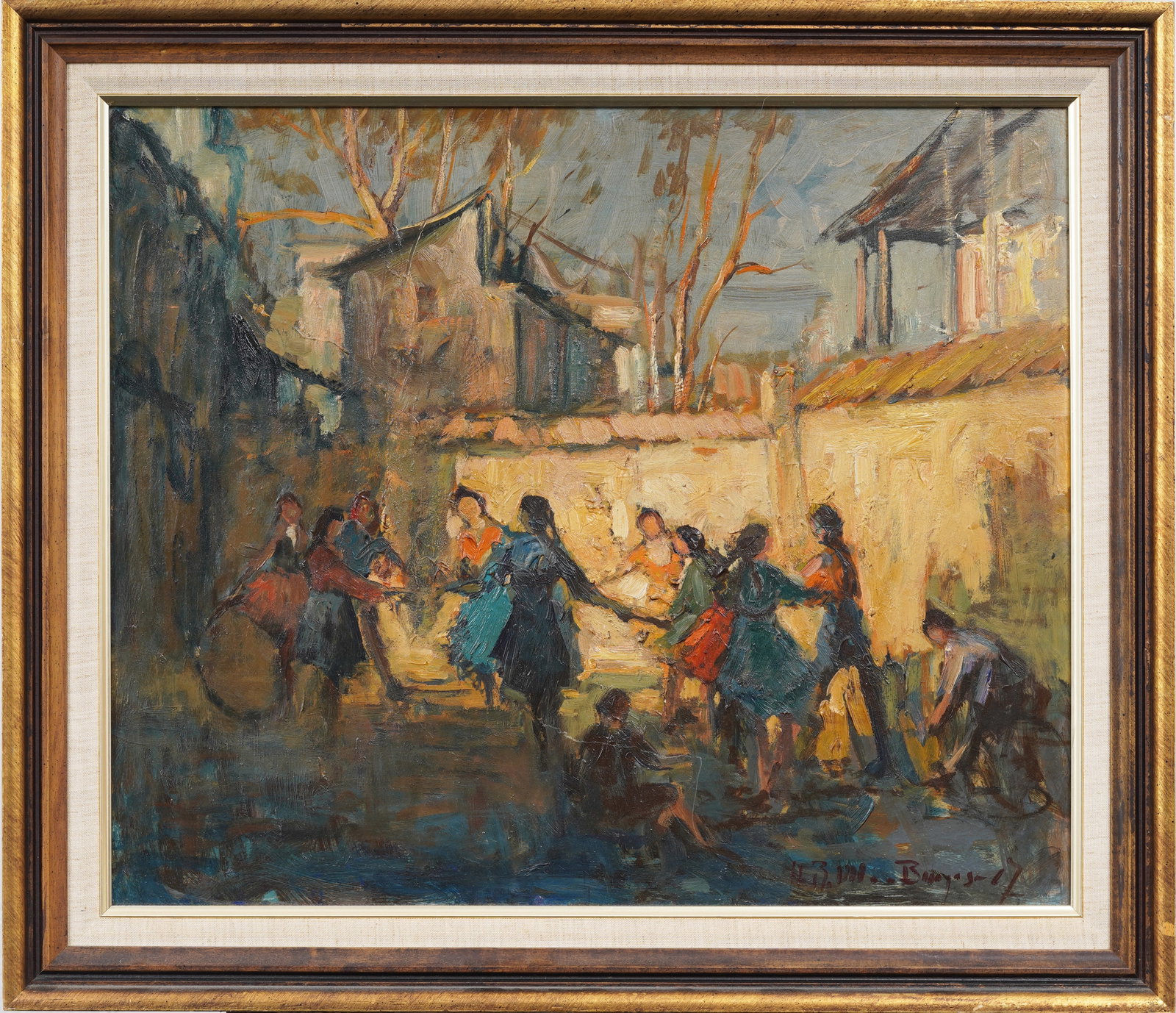 Signed Vintage European Impressionist Village Dancing Group Scene Original Oil Painting: Signed, framed vintage European oil painting on board. Measuring: 25 by 29 inches overall, and 22 by 26 painting alone. Please see all images for condition. Size is measured and written on the back of