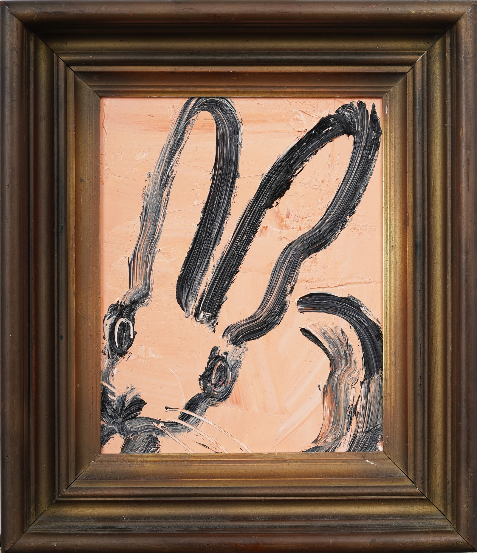 Hunt Slonem (B1951) GUARANTEED AUTHENTIC Bunny Modernist Pop Art Animal Portrait Painting: Signed, framed vintage American oil painting on board. Provenance from Rosenbaum Contemporary. Framed. Measuring: 14 by 12 inches overall, and 10 by 8 painting alone. Please see all images for conditi