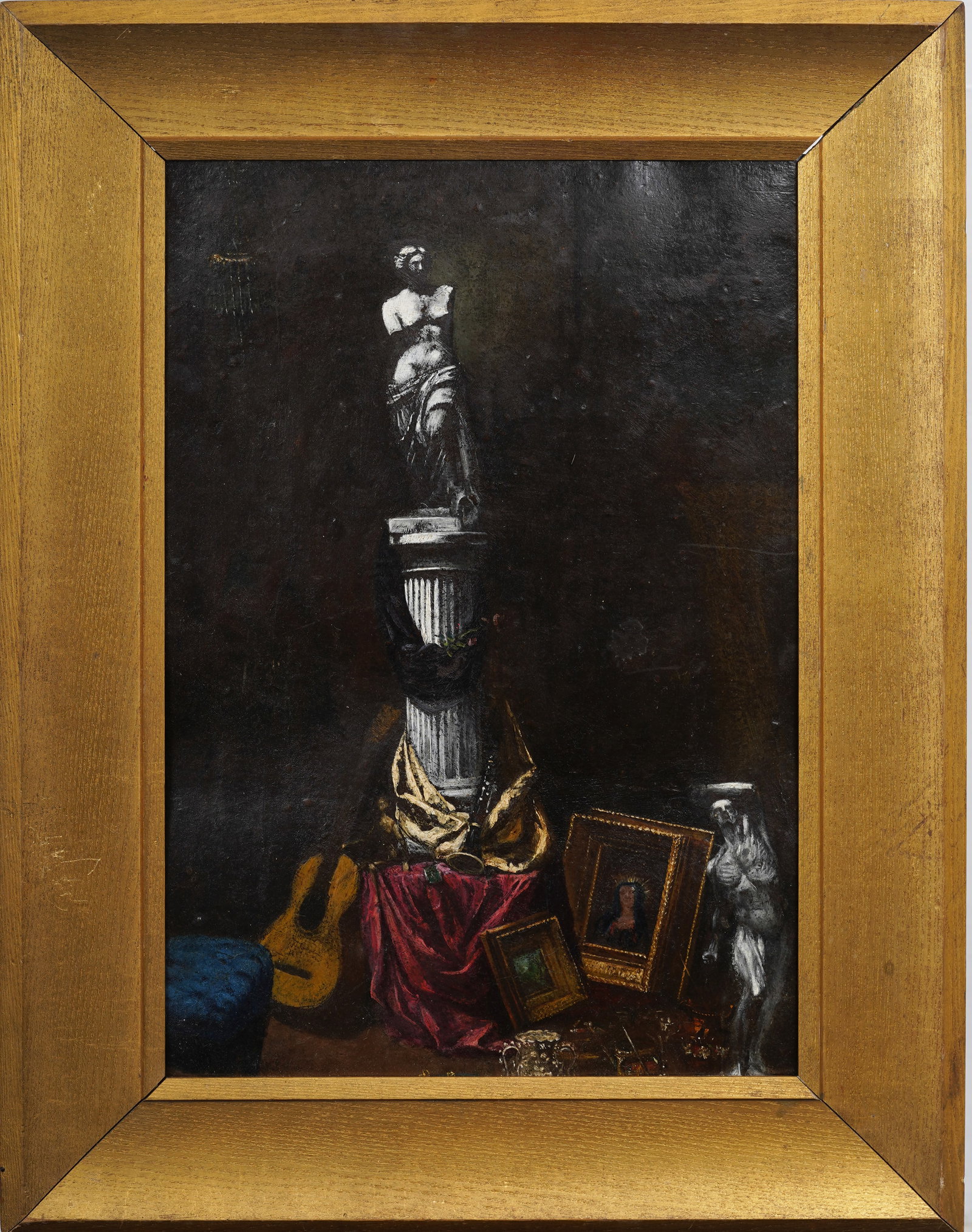 Antique European Classical Marble Sculpture Treasure Vault Trompe L'Oeil Interior Oil Painting: Antique European interior scene oil painting. Oil on board. Nicely framed. Measuring: 18 by 23 inches overall, and 12 by 18 painting alone. Please see all images for condition. Size is measured and wr