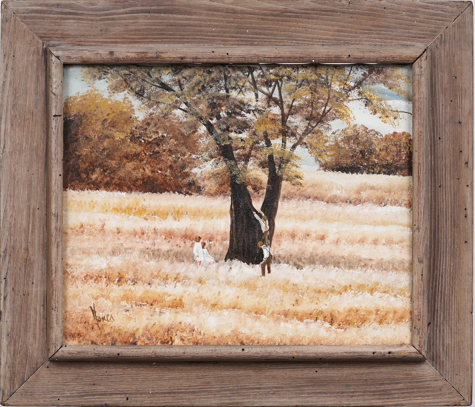 Vintage American Folk Art "Kids Climbing a Tree" Framed Landscape Original Oil Painting: Vintage American folk art landscape oil painting. Measuring: 23 by 27 inches overall, and 16 by 20 painting alone. Please see all images for condition. Size is measured and written on the back of the 