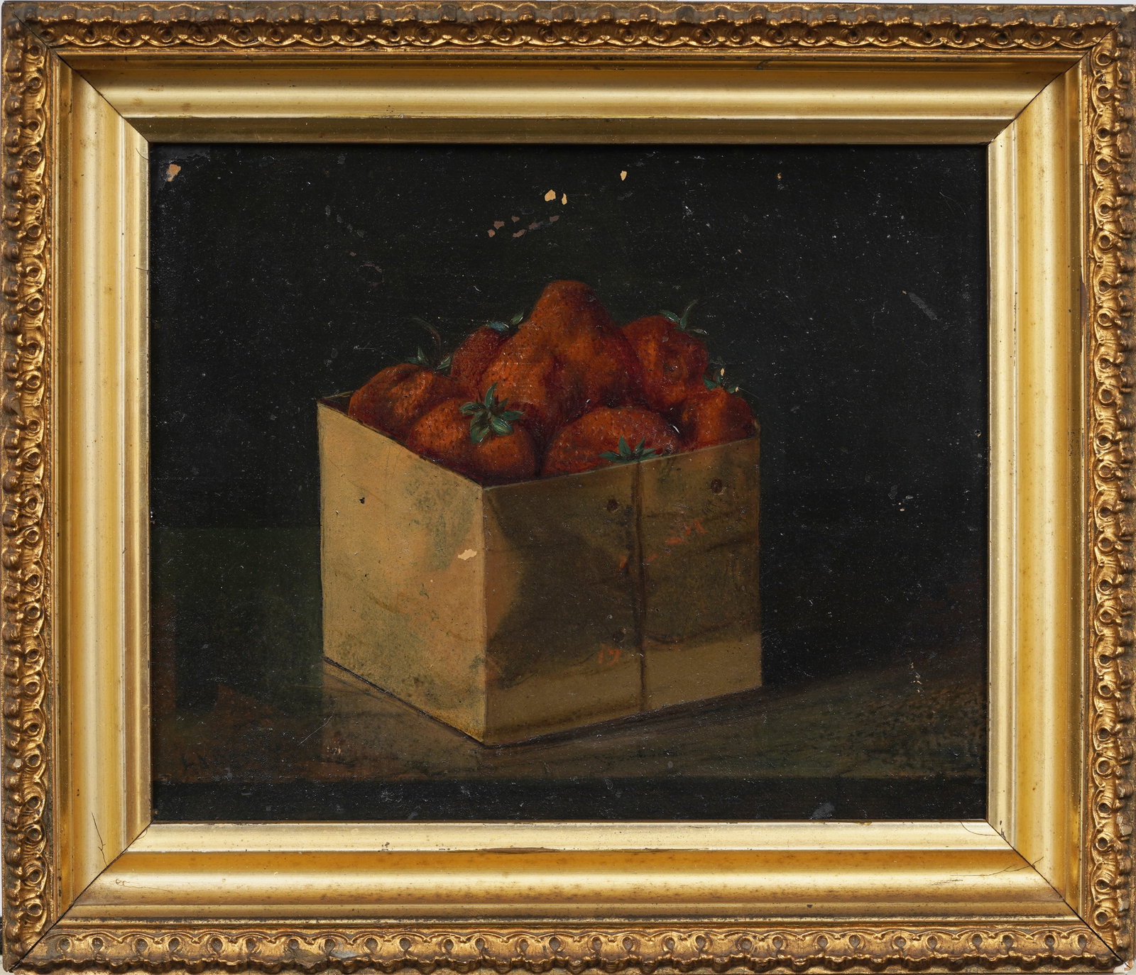 Antique American Summer Strawberry Still Life Framed Original Oil Painting: Antique American summer still life oil painting. Framed. Oil on board. Measuring: 12 by 14 inches overall, and 9 by 11 painting alone. Please see all images for condition. Size is measured and written