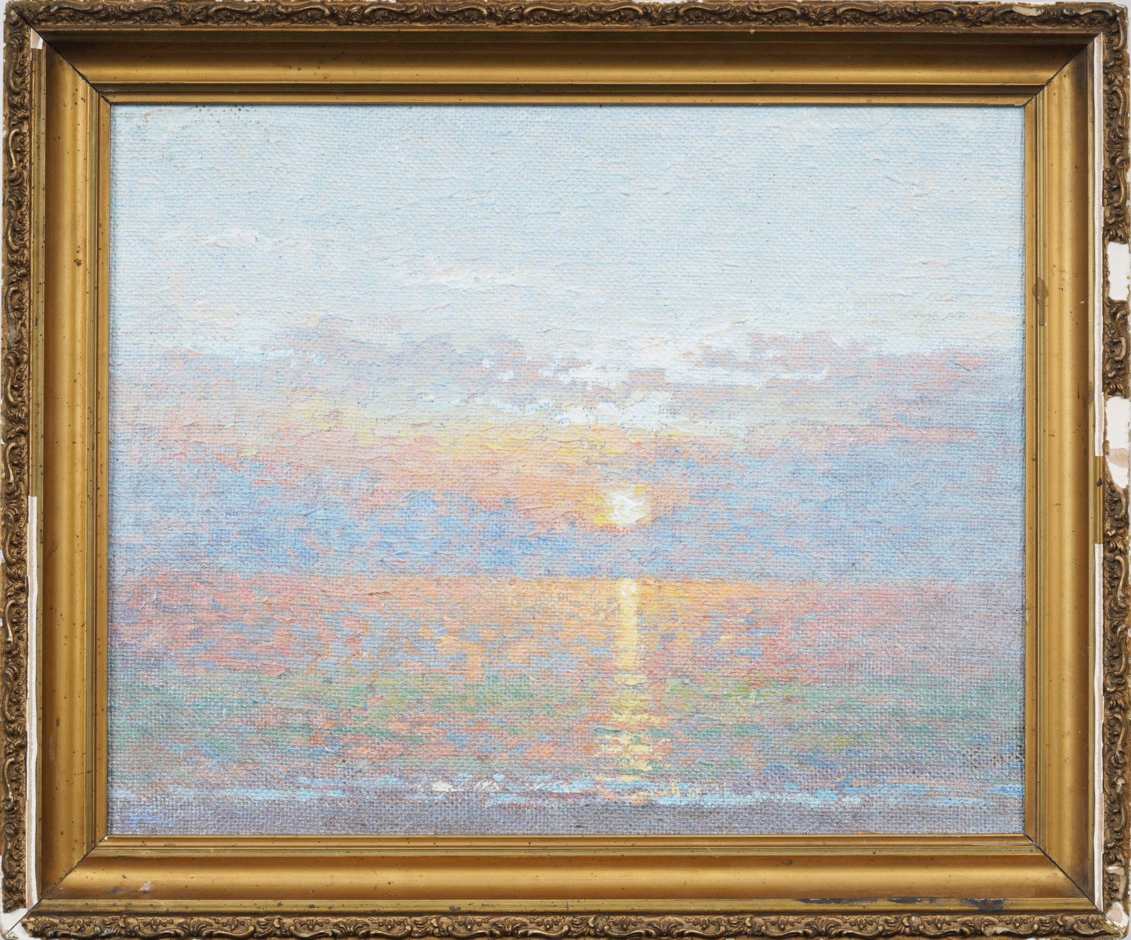 Vintage American Impressionist "Amagansett Sunrise" Pointillist Seascape Nautical Oil Painting: Vintage American impressionist seascape oil painting. Oil on board. Framed. Measuring: 20 by 24 inches overall, and 16 by 20 painting alone. Please see all images for condition. Size is measured and w