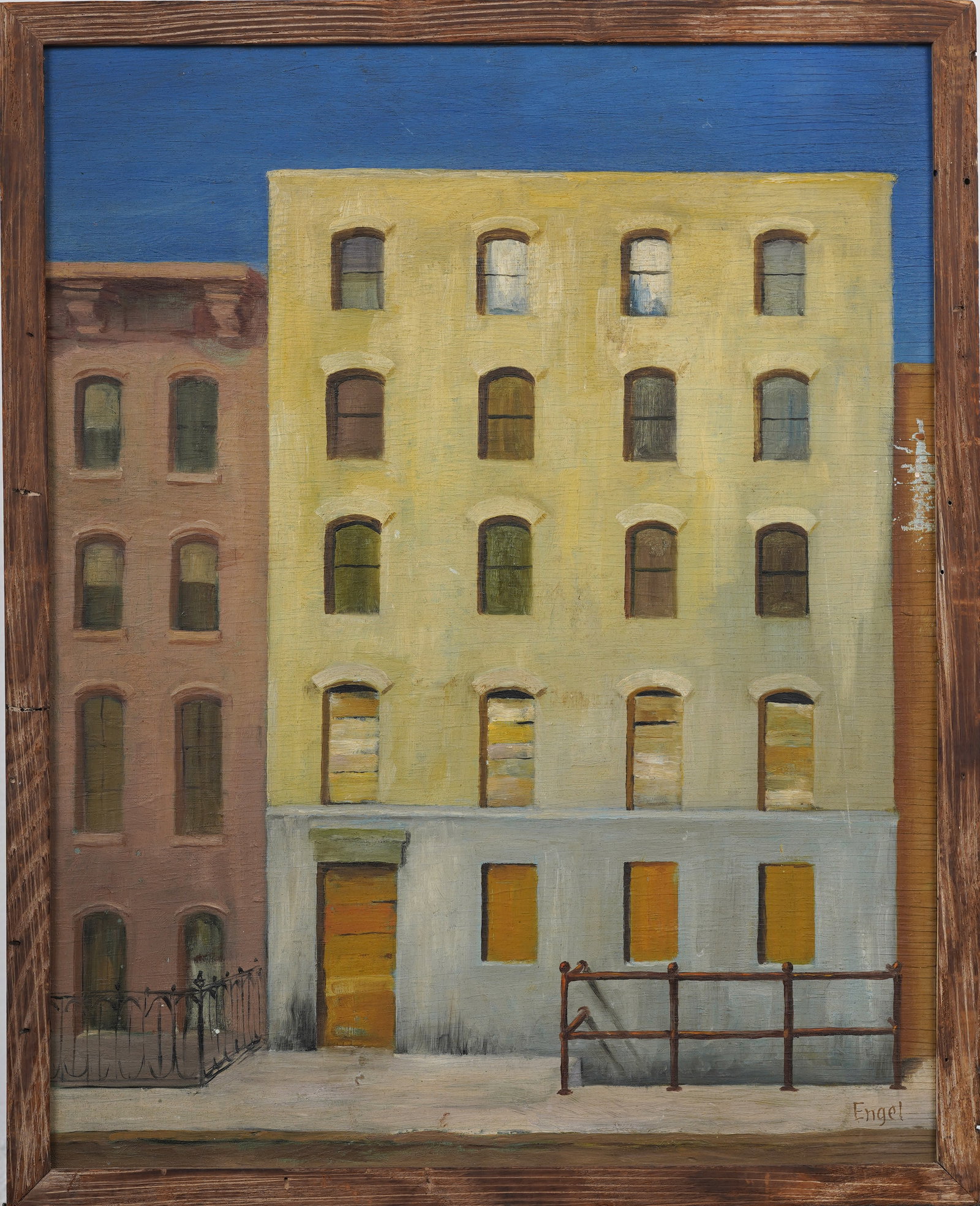 Vintage American Modernist Nocturnal Street Scene Framed Original Stark Oil Painting: Vintage American oil painting. Measuring: 17 by 21 inches overall, and 16 by 20 painting alone. Please see all images for condition. Size is measured and written on the back of the painting or next to
