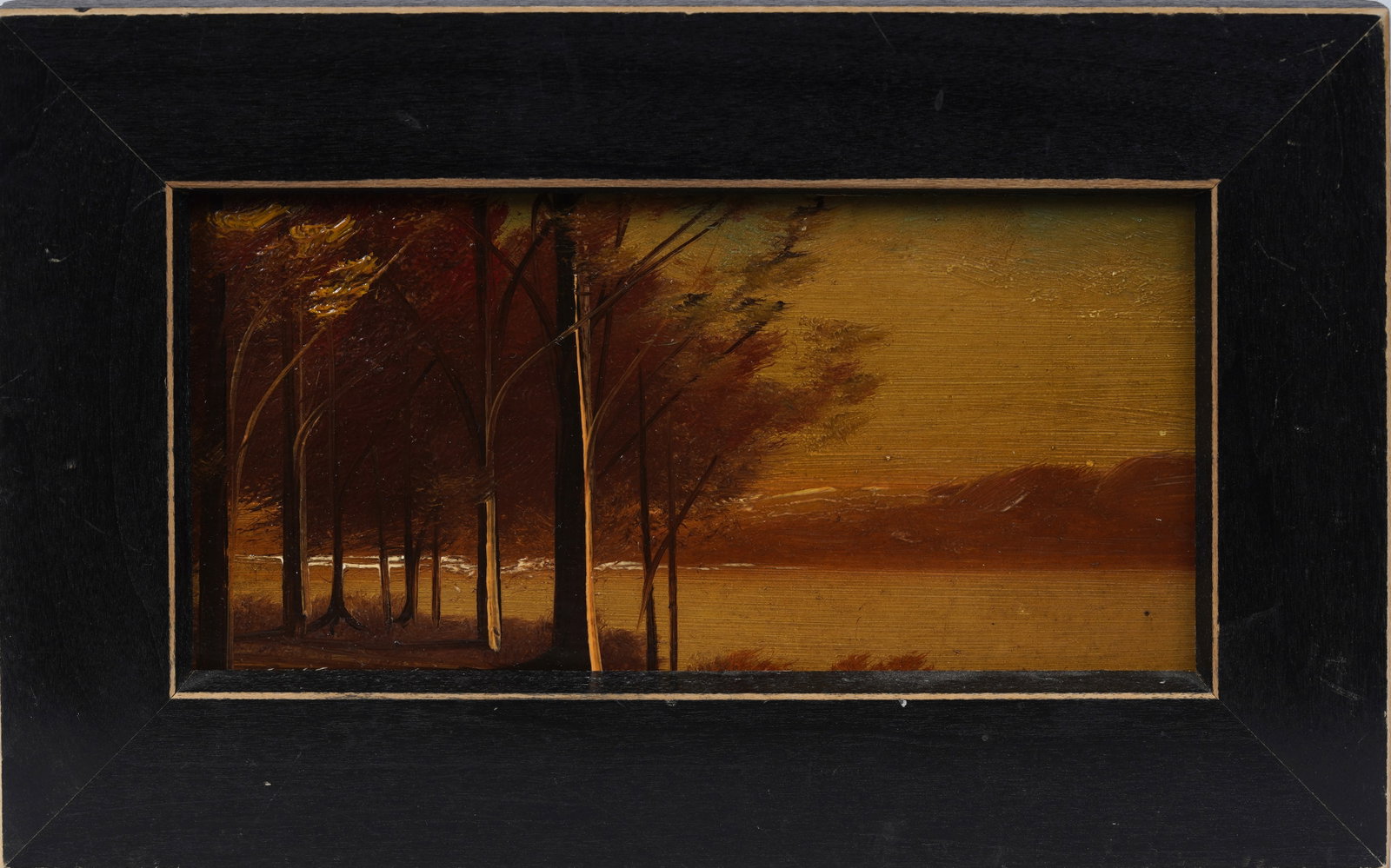 Vintage American Folk Art Sunset River Landscape Original Oil Painting: Vintage American oil painting. Measuring: 6 by 9 inches overall, and 4 by 7 painting alone. Please see all images for condition. Size is measured and written on the back of the painting or next to eac
