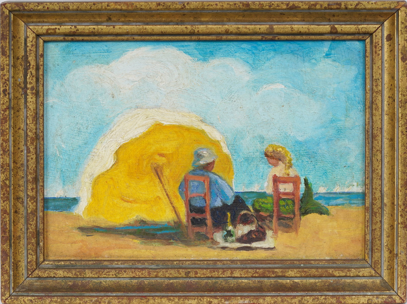 "The man and the Mermaid" Vintage American Modernist Surreal Beach Scene Original Oil Painting: Vintage American beach scene oil painting. Measuring: 6 by 8 inches overall, and 4.5 by 6.5 painting alone. Please see all images for condition. Size is measured and written on the back of the paintin
