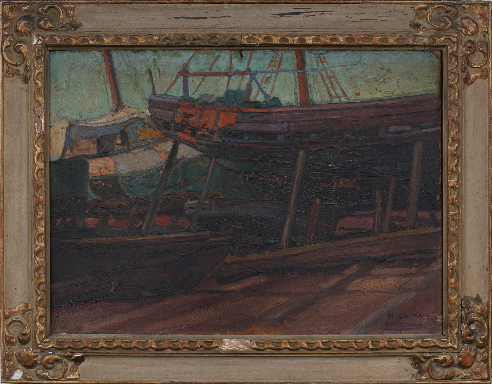 Signed Antique European Impressionist Framed Dock Scene Original Seascape Oil Painting: Antique European impressionist seascape oil painting. Oil on board. Signed. Measuring: 27 by 34 inches overall, and 20 by 27 painting alone. Please see all images for condition. Size is measured and w
