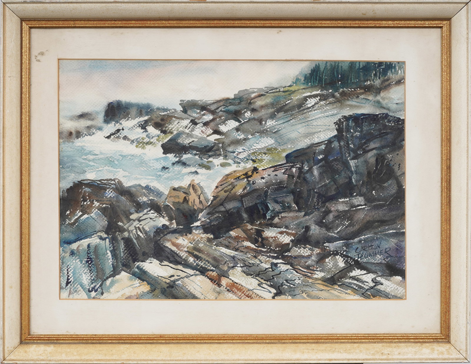 Carleton Plummer Signed Vintage American Impressionist Framed Rocky Coastal Painting: Vintage American impressionist coastal painting. Watercolor on paper. Framed. Measuring: 25 by 31 inches overall, and 16 by 24 painting alone. Please see all images for condition. Size is measured and