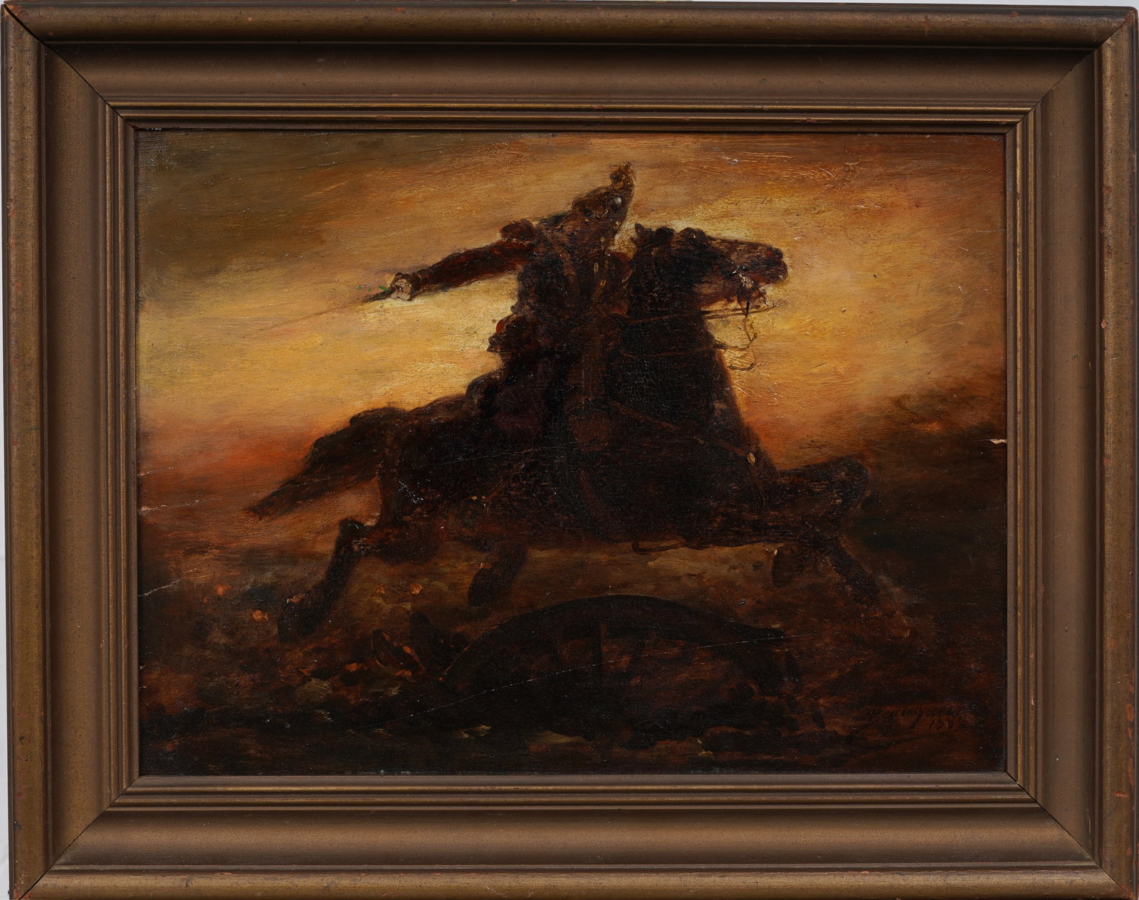 Signed 1882 French Antique Sunset Victory Ride Military Horseback Portrait Original Oil Painting: Antique French sunset landscape oil painting with a figure on horseback. Measuring: 14 by 17 inches overall, and 10 by 14 painting alone. Please see all images for condition. Size is measured and writ