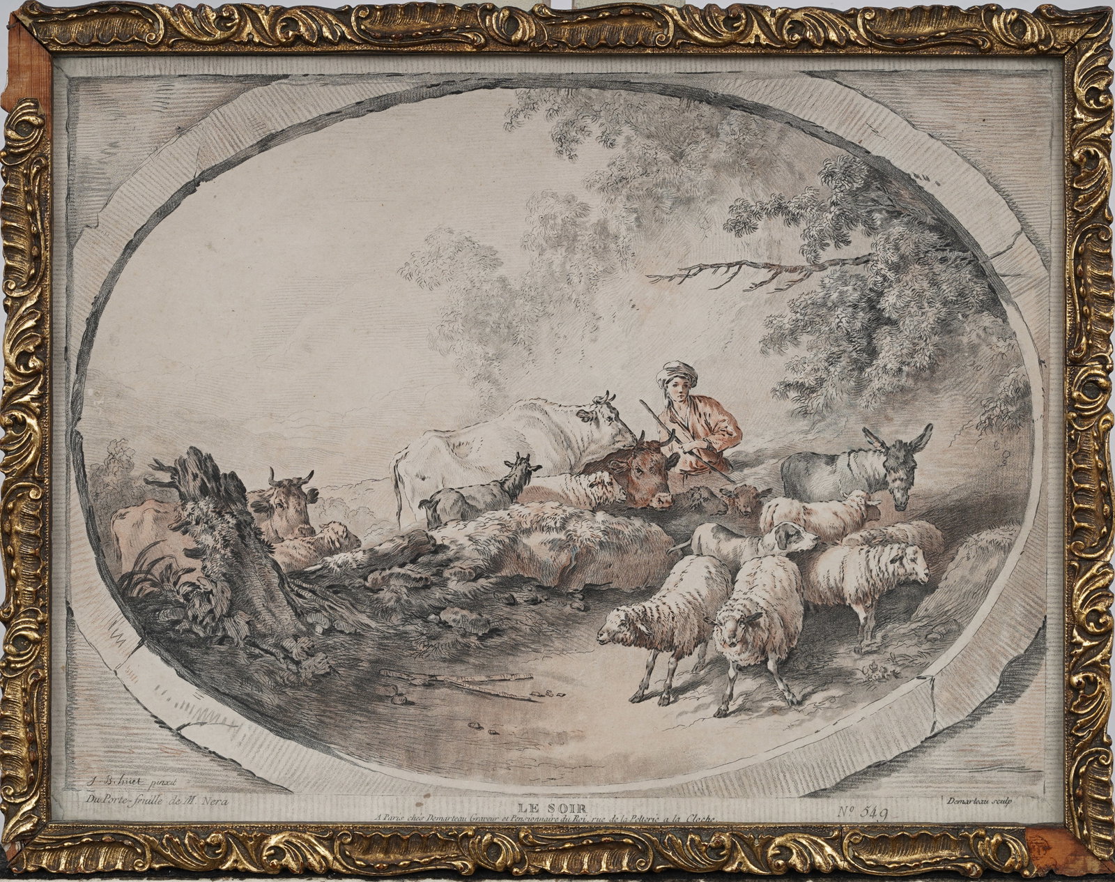 Jean Huet (1745-1811) Antique French Bucolic Sheep and Cow Herder Framed Print: Antique French print. Measuring: 11 by 15 inches overall, and 10 by 14 painting alone. Please see all images for condition. Size is measured and written on the back of the painting or next to each obj