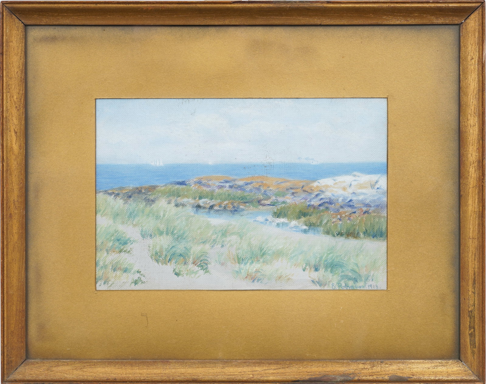 Antique American Coast Beach Grass Landscape Original Oil Painting Signed "E. Robinson 1913": Signed, framed, antique American oil painting on board. Measuring: 16 by 20 inches overall, and 8 by 11.75 painting alone. Please see all images for condition. Size is measured and written on the back