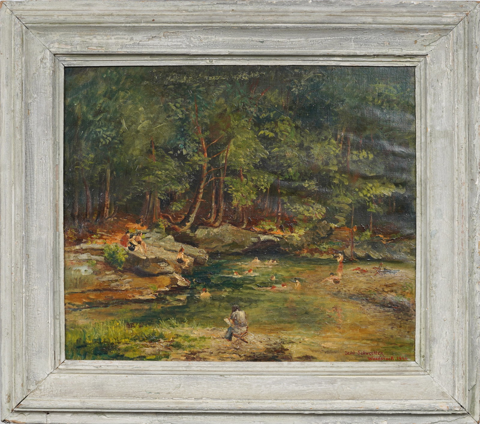 Jean Schweckler (1888-1962) Midcentury American Summer Swimming Hole Original Oil Painting: Signed, framed midcentury American oil painting on canvas. Measuring: 31 by 35 inches overall, and 22 by 26.5 painting alone. Please see all images for condition. Size is measured and written on the b