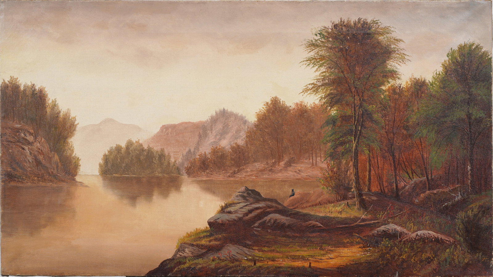 Antique American Autumn Lake Hudson River School Large Landscape Oil Painting Signed "C.E. Smith 88": Signed antique American oil painting on canvas. Measuring: 20 by 36 inches overall. Please see all images for condition. Size is measured and written on the back of the painting or next to each object
