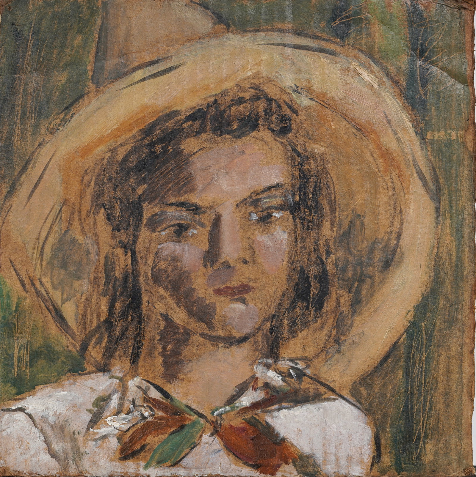 Wood Gaylor (1883 -1957) Vintage "Kerchief and Sombrero" Impressionist Girl Oil Painting Label Verso (1 of 4)