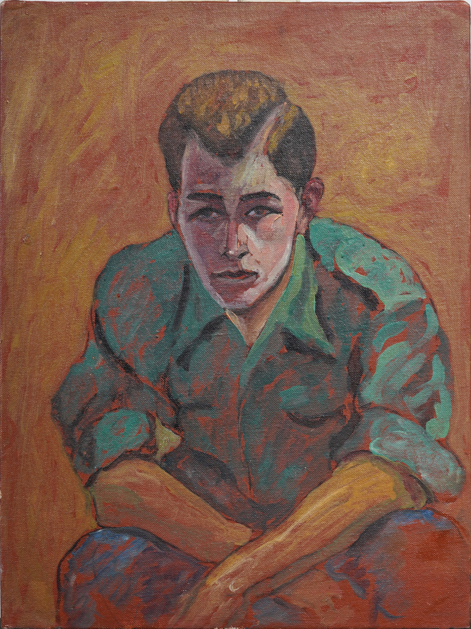 "Man to Man" Midcentury American Handsome Man Portrait Original Oil Painting: Midcentury American oil painting on board. Measuring: 16 by 12 inches overall. Please see all images for condition. Size is measured and written on the back of the painting or next to each object. The
