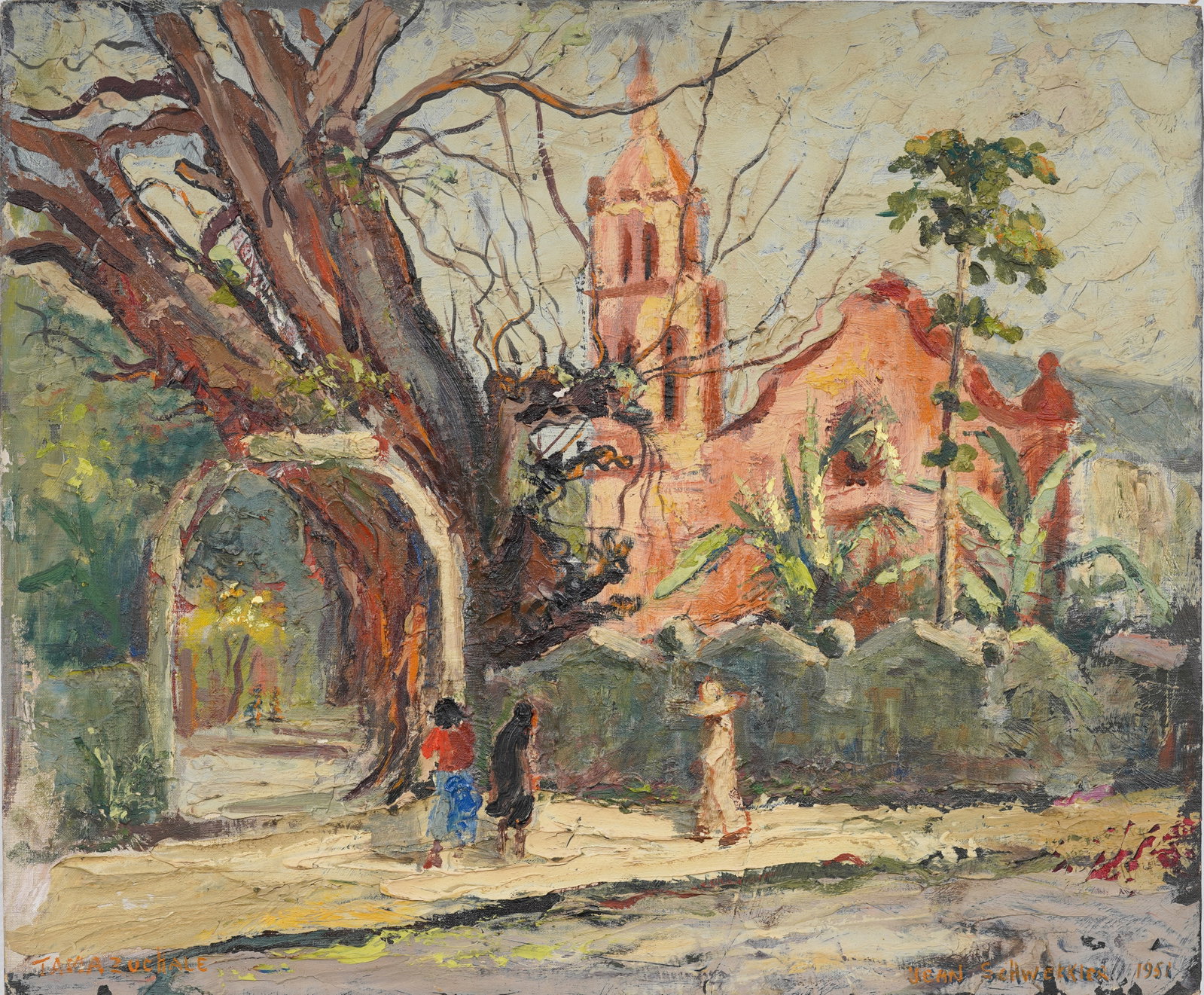 Jean Schweckler (1888-1962) Midcentury American Tamazunchale Mexico Mission Original Oil Painting: Signed midcentury American oil painting on board. Measuring: 20 by 24 inches overall. Please see all images for condition. Size is measured and written on the back of the painting or next to each obje