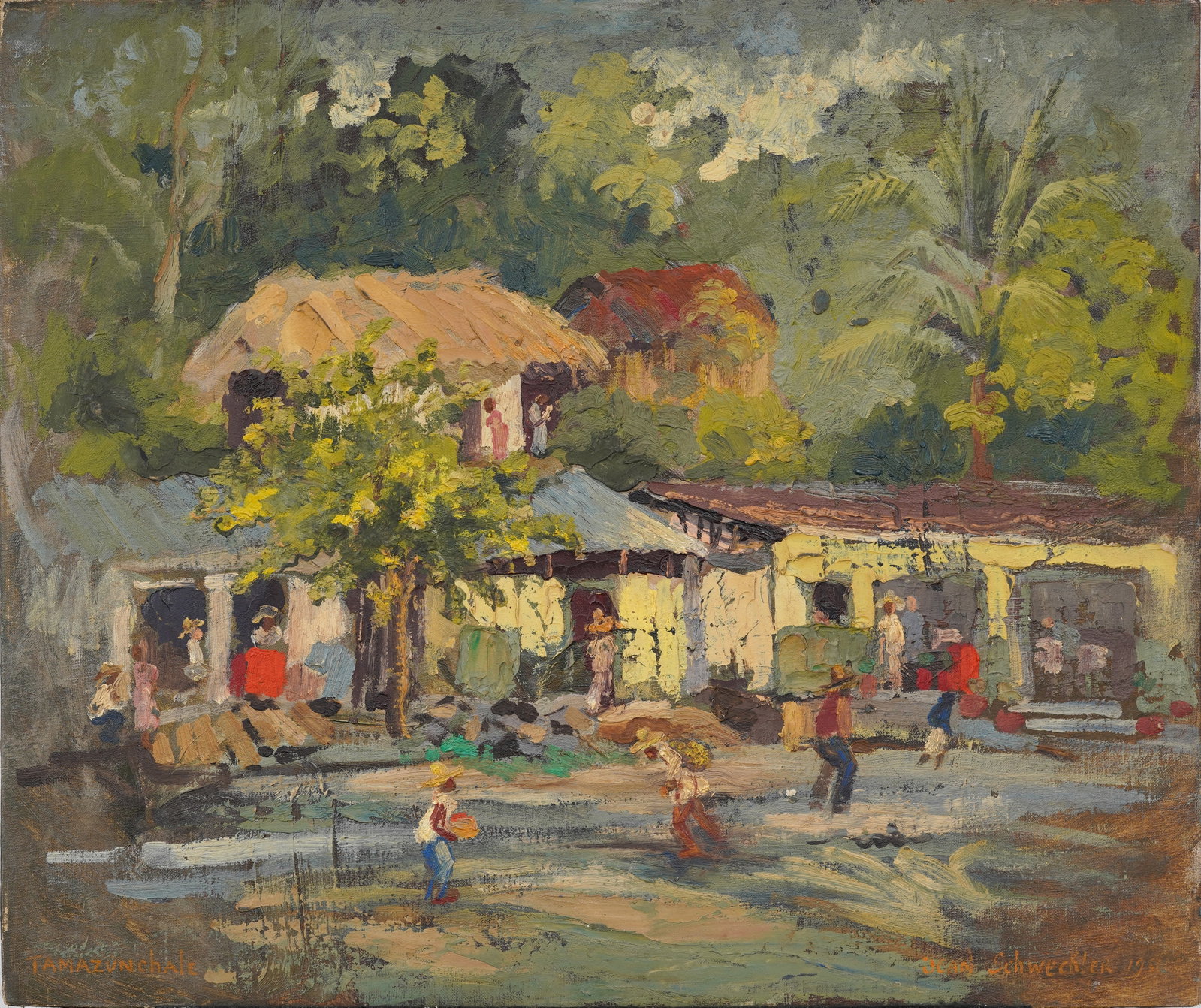 Jean Schweckler (1888-1962) Midcentury American Tamazunchale Mexico Town Original Oil Painting: Signed midcentury American oil painting on board. Measuring: 20 by 24 inches overall. Please see all images for condition. Size is measured and written on the back of the painting or next to each obje