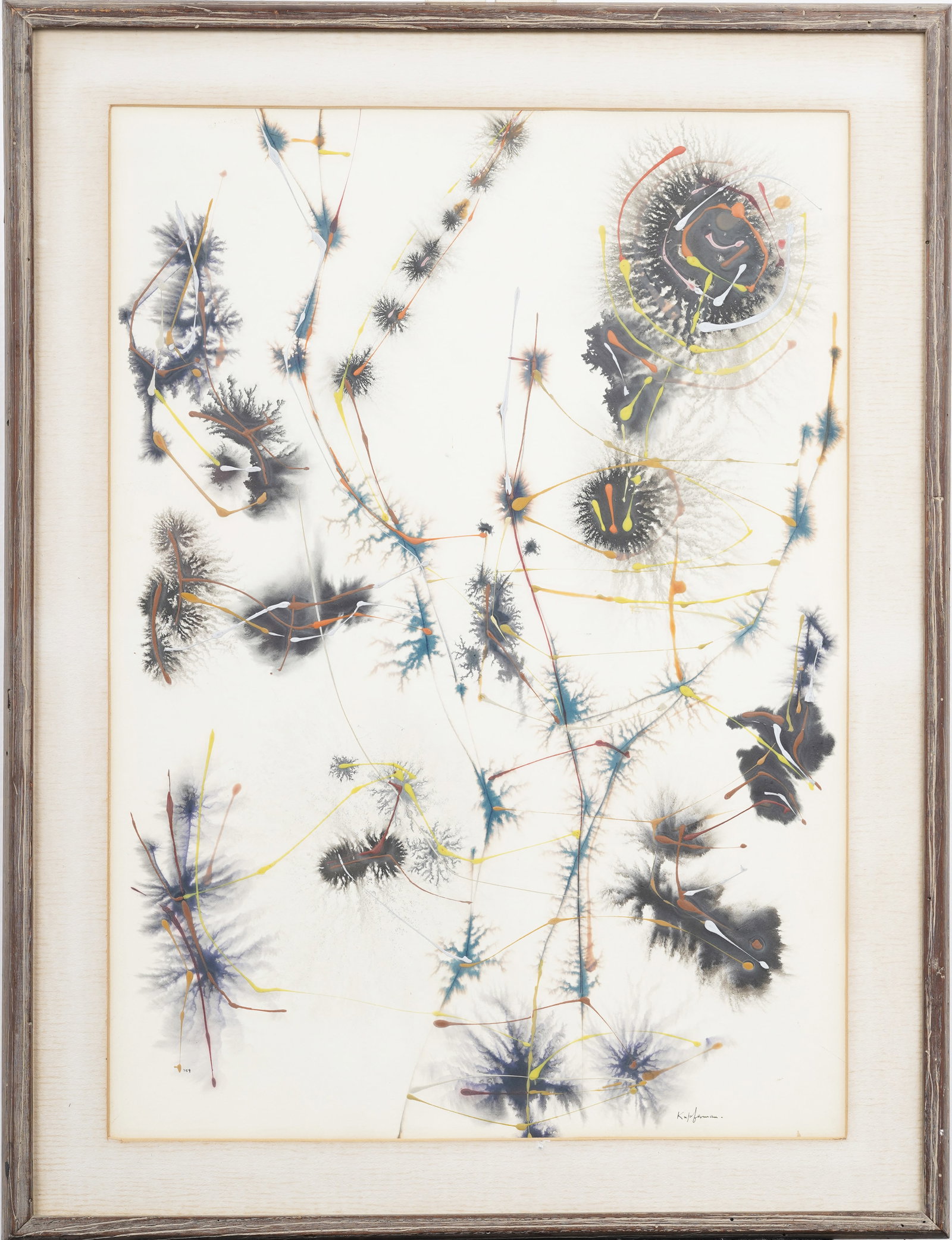 Lawrence Kupferman (1909-1982) Boston School Abstract Midcentury Ink Casein and Watercolor: Signed, framed midcentury American mixed media on paper. Measuring: 31 by 24 inches overall, and 25.5 by 18.25 painting alone. Please see all images for condition. Size is measured and written on the 