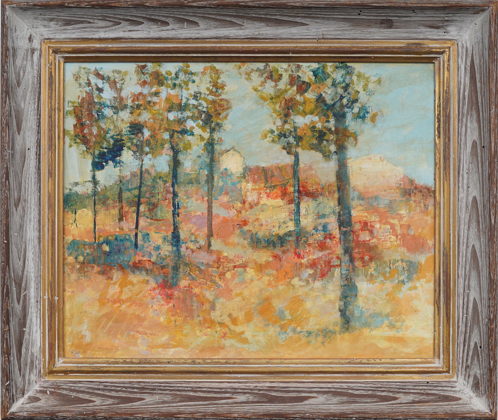 Midcentury Impressionist Autumn Farm Landscape American Modernist Original Oil Painting: Signed, framed vintage American oil painting on canvas. Measuring: 22 by 26 inches overall, and 16.25 by 20.25 painting alone. Please see all images for condition. Size is measured and written on the 