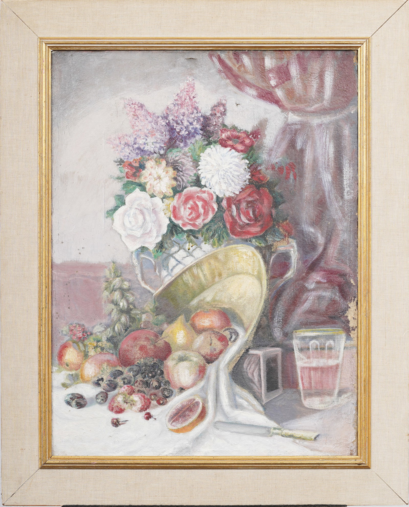 Vintage American Hyacinth and Fruit Still Life Original Oil Painting: Framed vintage American oil painting on canvas. Measuring: 31 by 25 inches overall, and 25 by 19 painting alone. Please see all images for condition. Size is measured and written on the back of the pa