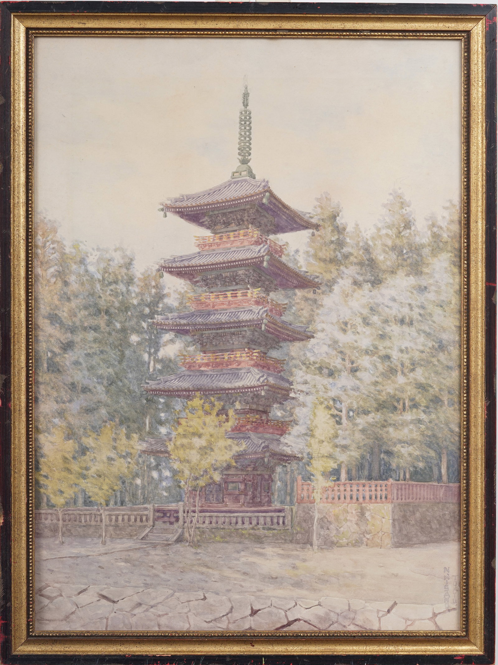 Vintage Japanese Original Plein Air Temple Watercolor Painting Signed "N. Hisano Tokyo" (1 of 10)