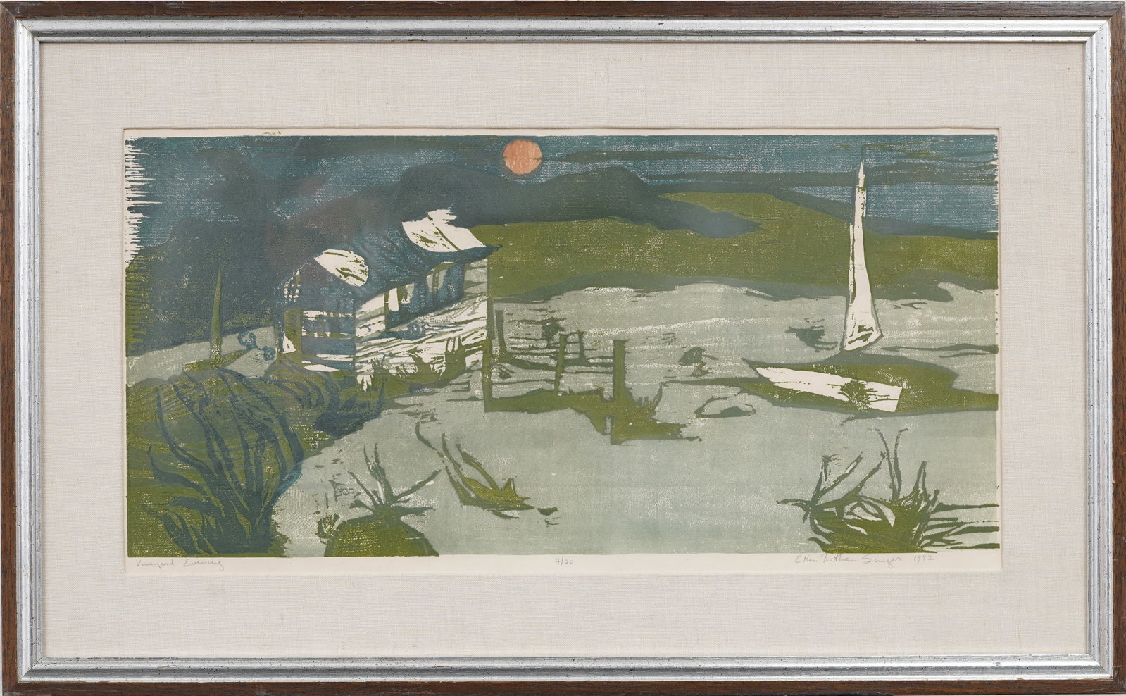 Ellen Nathan Singer (b. 1937) Vintage American Original Woodblock Print "Vineyard Evening": Signed, numbered, and framed vintage American woodblock print on paper. Measuring: 19 by 31 inches overall, and 12 by 24 painting alone. Please see all images for condition. Size is measured and writt