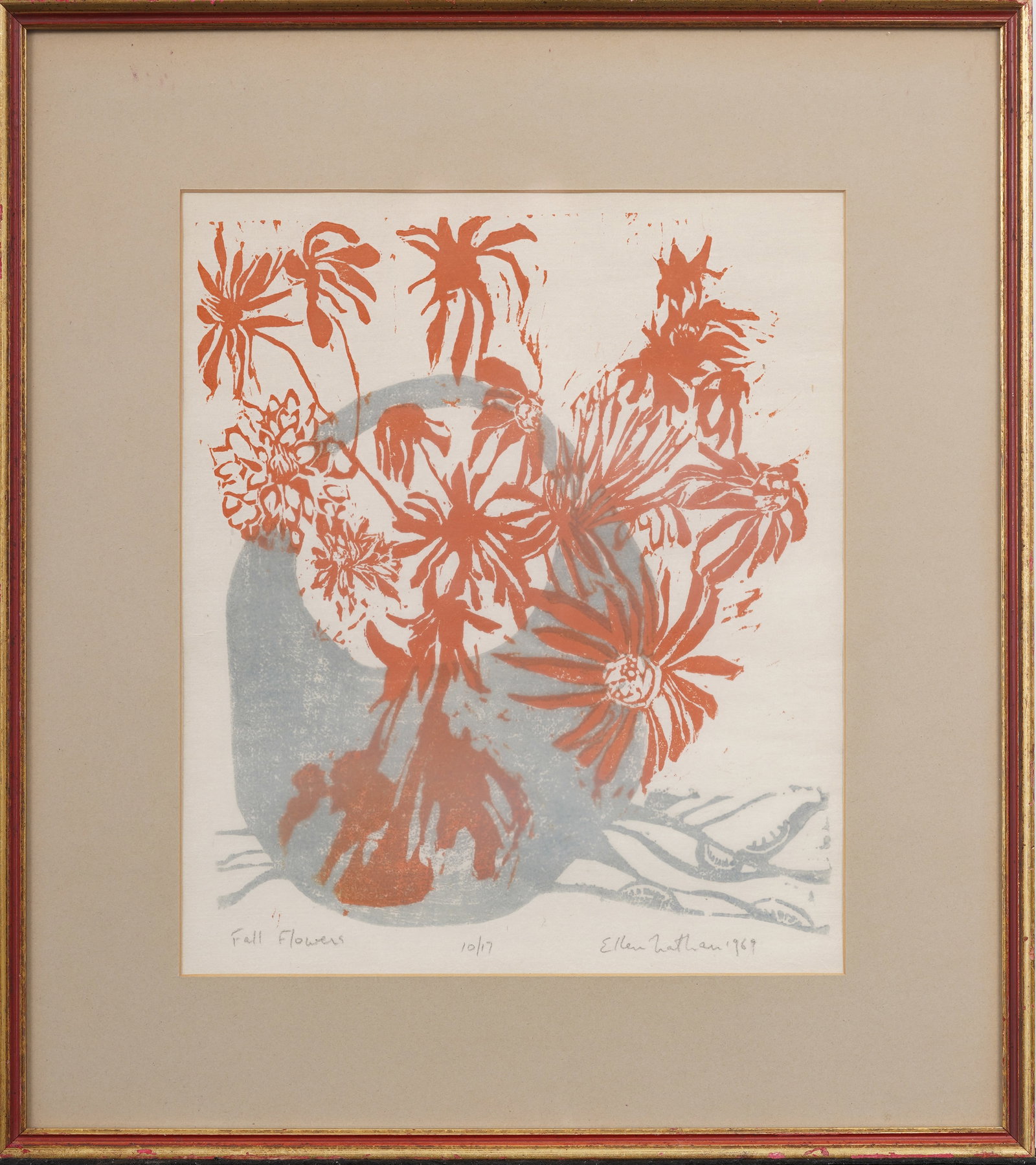 Ellen Nathan Singer (b. 1937) Vintage American Original Woodblock Print "Fall Flowers": Signed, numbered, and framed vintage American woodblock print on paper. Measuring: 18 by 16 inches overall, and 12 by 10 painting alone. Please see all images for condition. Size is measured and writt