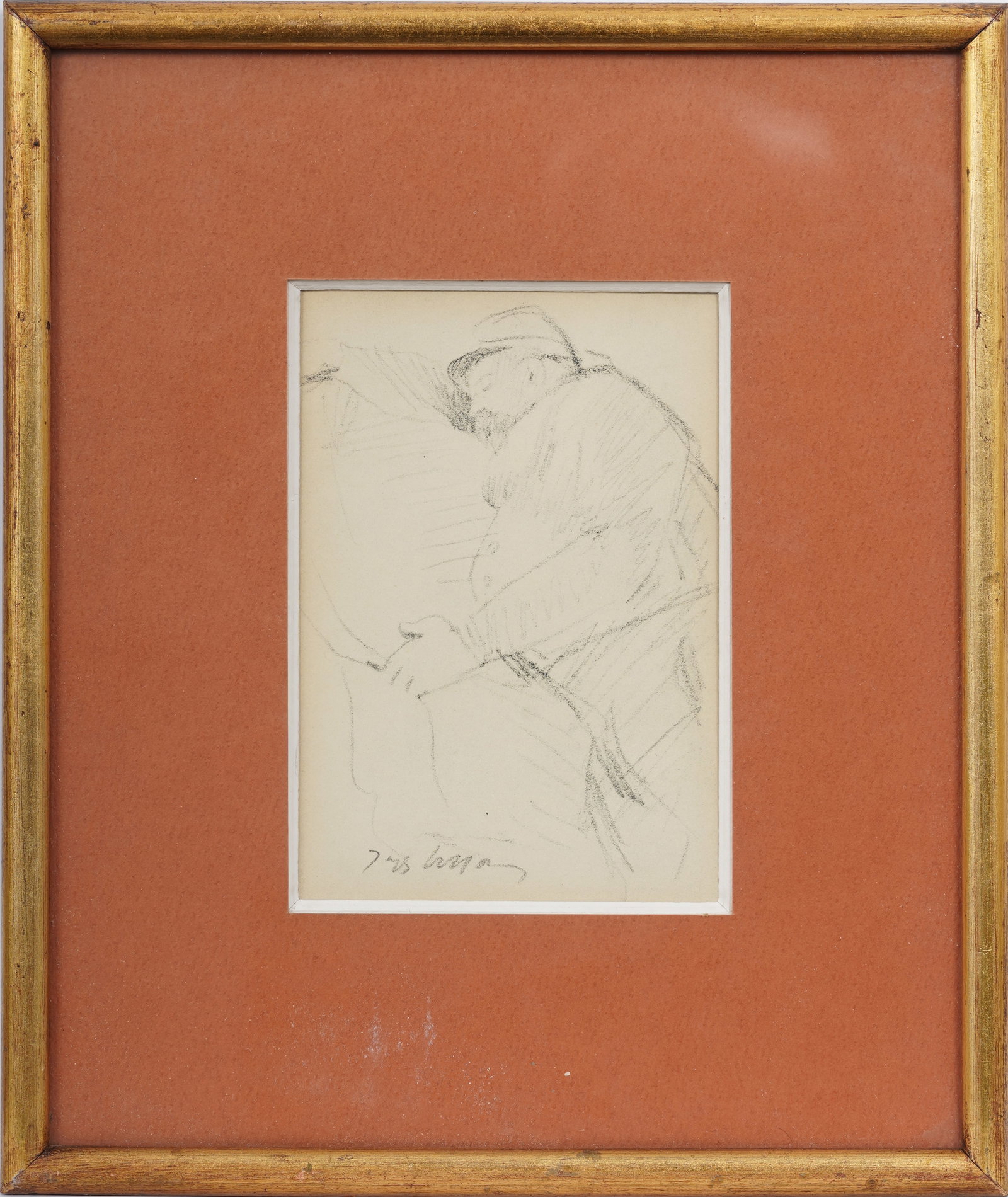 Signed Sleeping Man Vintage American Original Pencil Drawing: Signed, framed vintage American pencil sketch on paper. Measuring: 12 by 10 inches overall, and 6.25 by 4.25 painting alone. Please see all images for condition. Size is measured and written on the ba