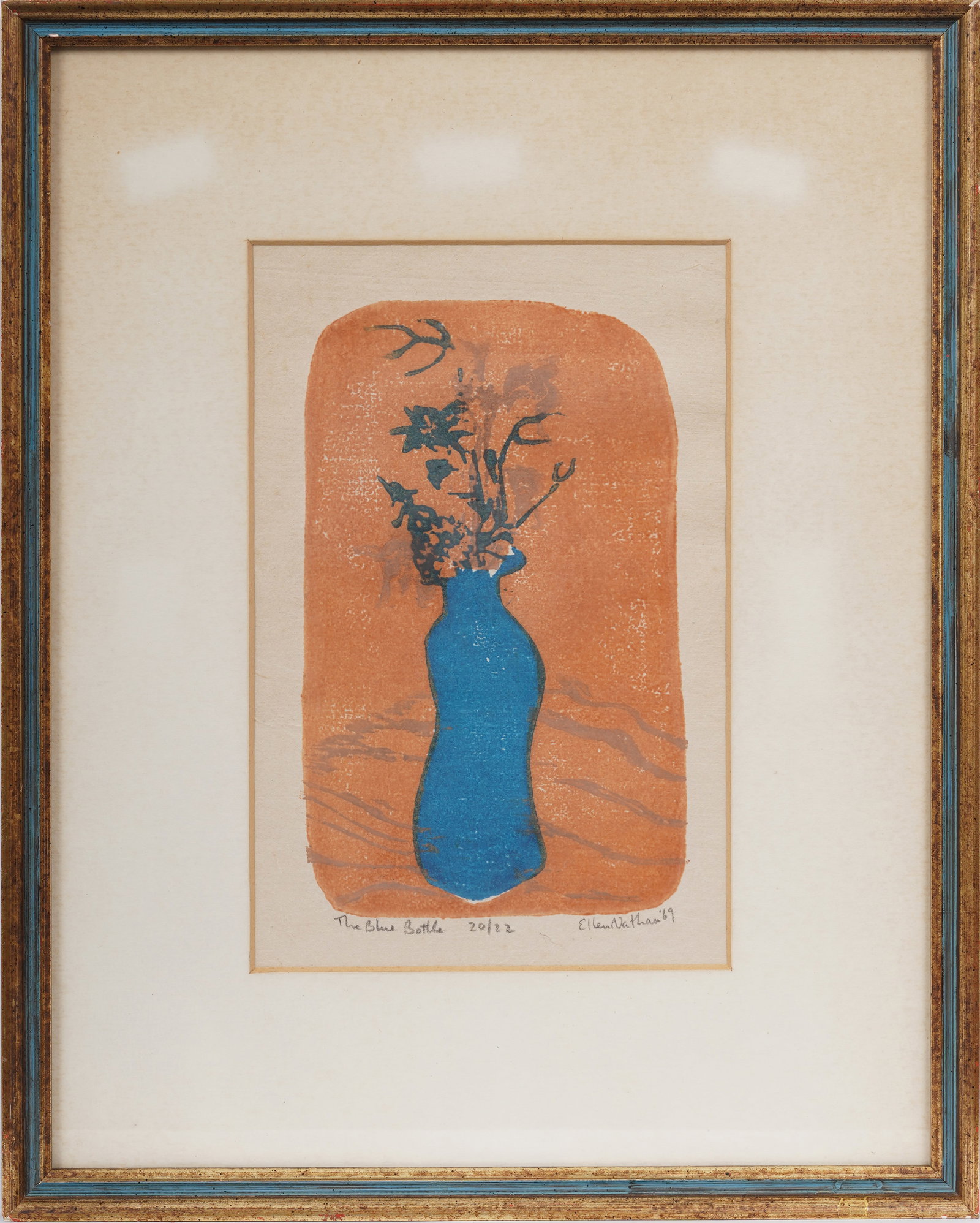 Ellen Nathan Singer (b. 1937) Vintage American Original Woodblock Print "The Blue Bottle": Signed, numbered, and framed vintage American woodblock print on paper. Measuring: 14 by 11 inches overall, and 9 by 5.5 painting alone. Please see all images for condition. Size is measured and writt