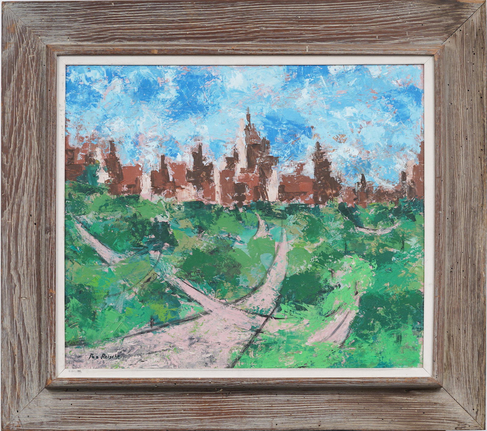 Midcentury American Skyline and Park Abstract Cityscape Original Oil Painting Signed "Peg Reische": Signed, framed vintage American oil painting on board. Measuring: 30 by 24 inches overall, and 21 by 25.25 painting alone. Please see all images for condition. Size is measured and written on the back